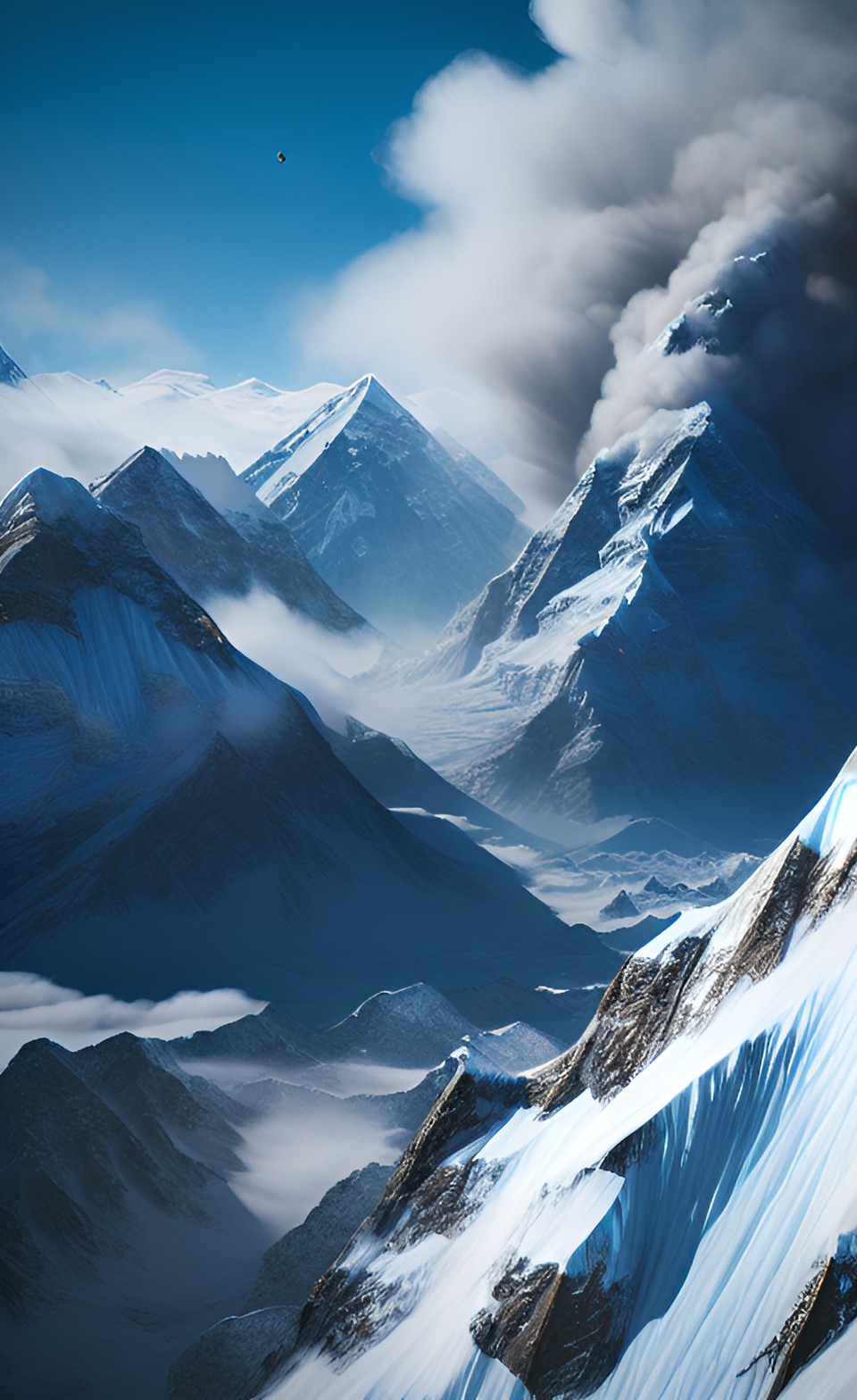 mount everest collapsing and being destroyed. view from the bottom of the mountain. 8k, ultra realistic preview