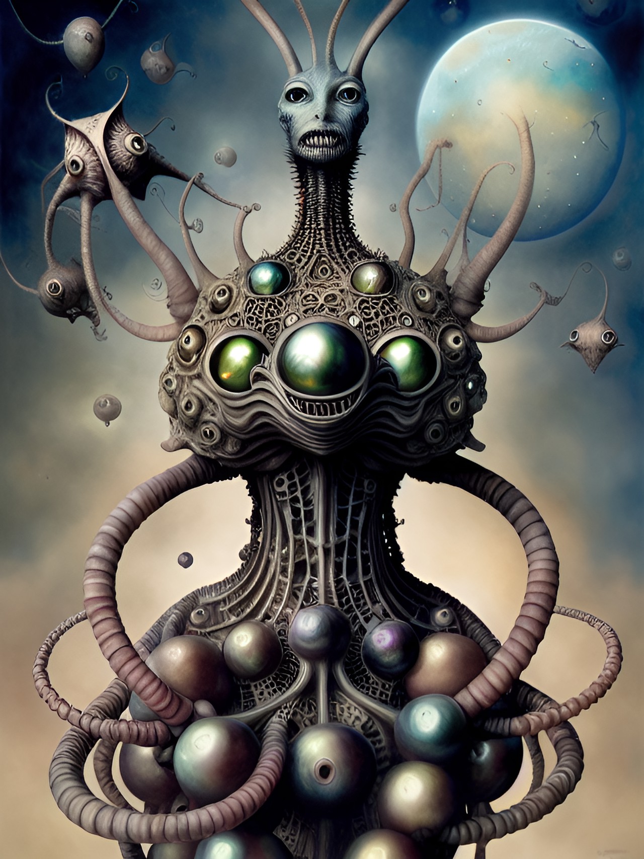 low angle, alien, watercolor, adorned with infinite black pearls and lace, artwork by leonora carrington & didier laurence & naoto hattori & nicoletta ceccoli & jean-baptiste monge & bernard frize & gunta stölzl, dynamic composition $signature$ preview