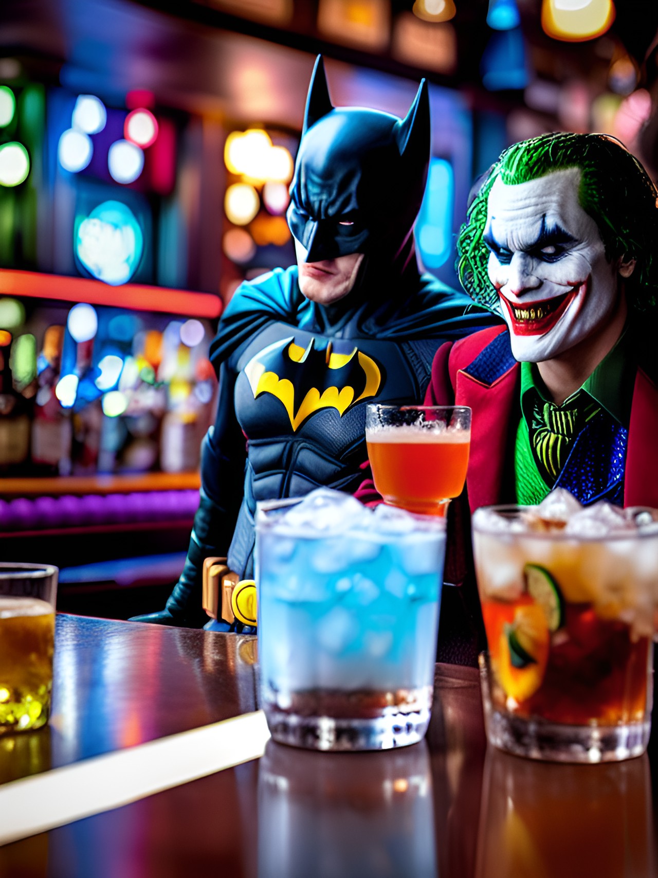 batman and the joker at a bar having drinks preview