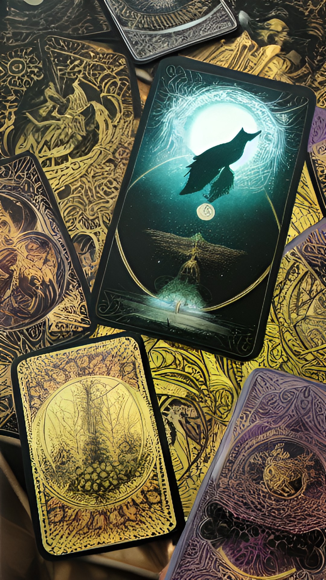 an intricately illustrated deck of arcana tarot cards, complete with gold embossed detailing and cosmic elements." preview