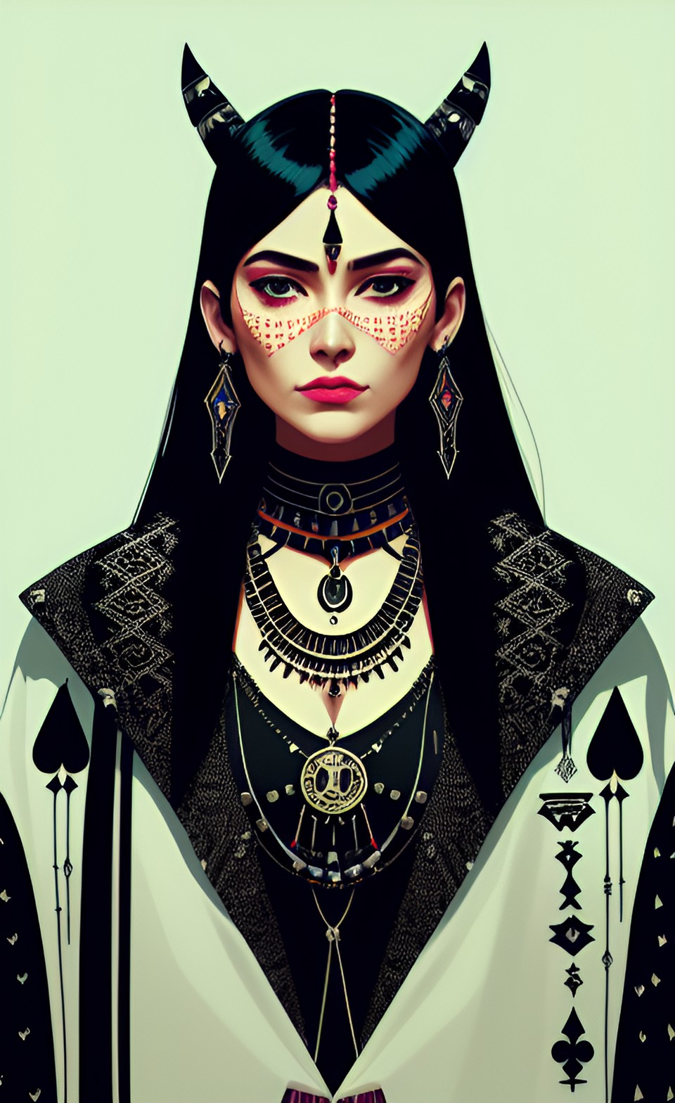 cyberpunk portrait of a queen of spades in traditional native america clothes, futuristic jewelry adorns her neck, fine details, perfect face, lacey, mesmerizing, magnificent, hyper detailed, ♠️ spade preview