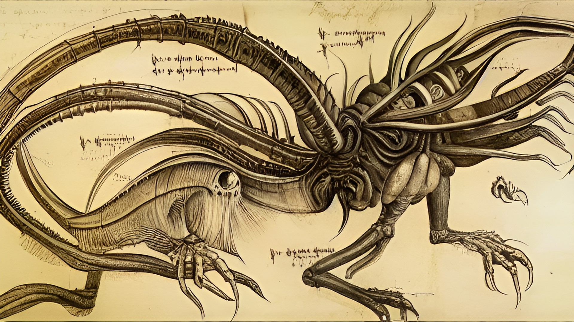 alien creature diagram by leonardo da vinci, annotated preview