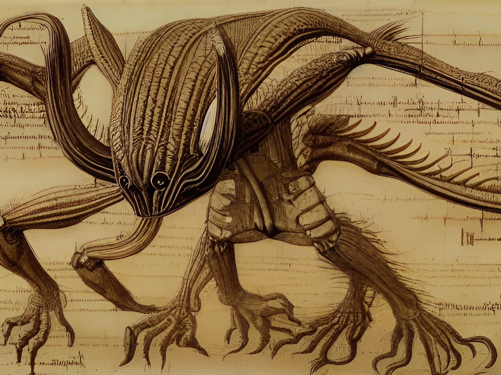 alien creature diagram by leonardo da vinci, annotated, confined to image frame preview