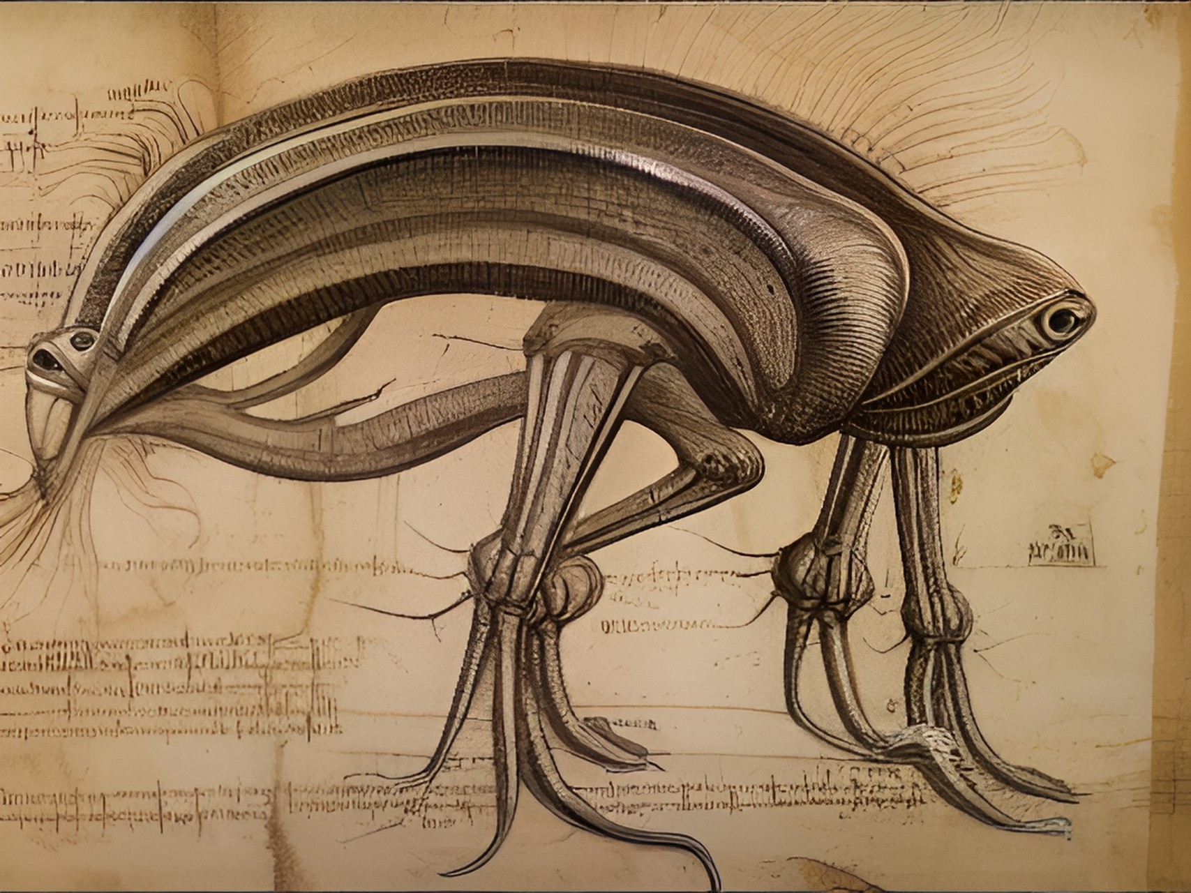 alien creature diagram by leonardo da vinci, annotated, framed preview