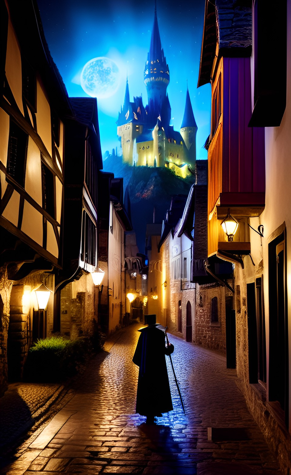 a wizard with a wand in an medieval town at night preview