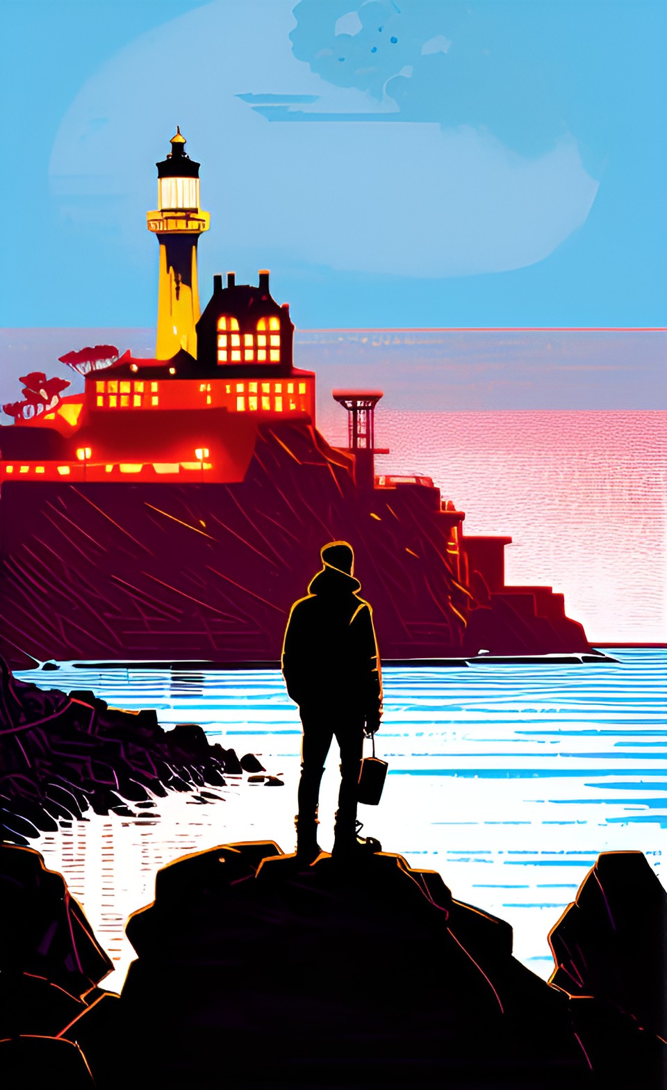 a prisoner holding a lead pipe standing on the rocky beach in front of a burning alcatraz at night preview