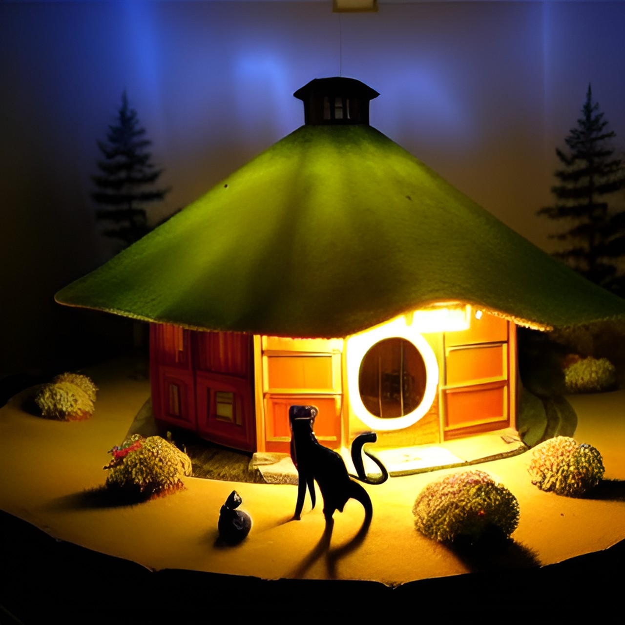 two people in love with 4 cats, camping at living room. it’s dark outside and the house lit by led lights. preview