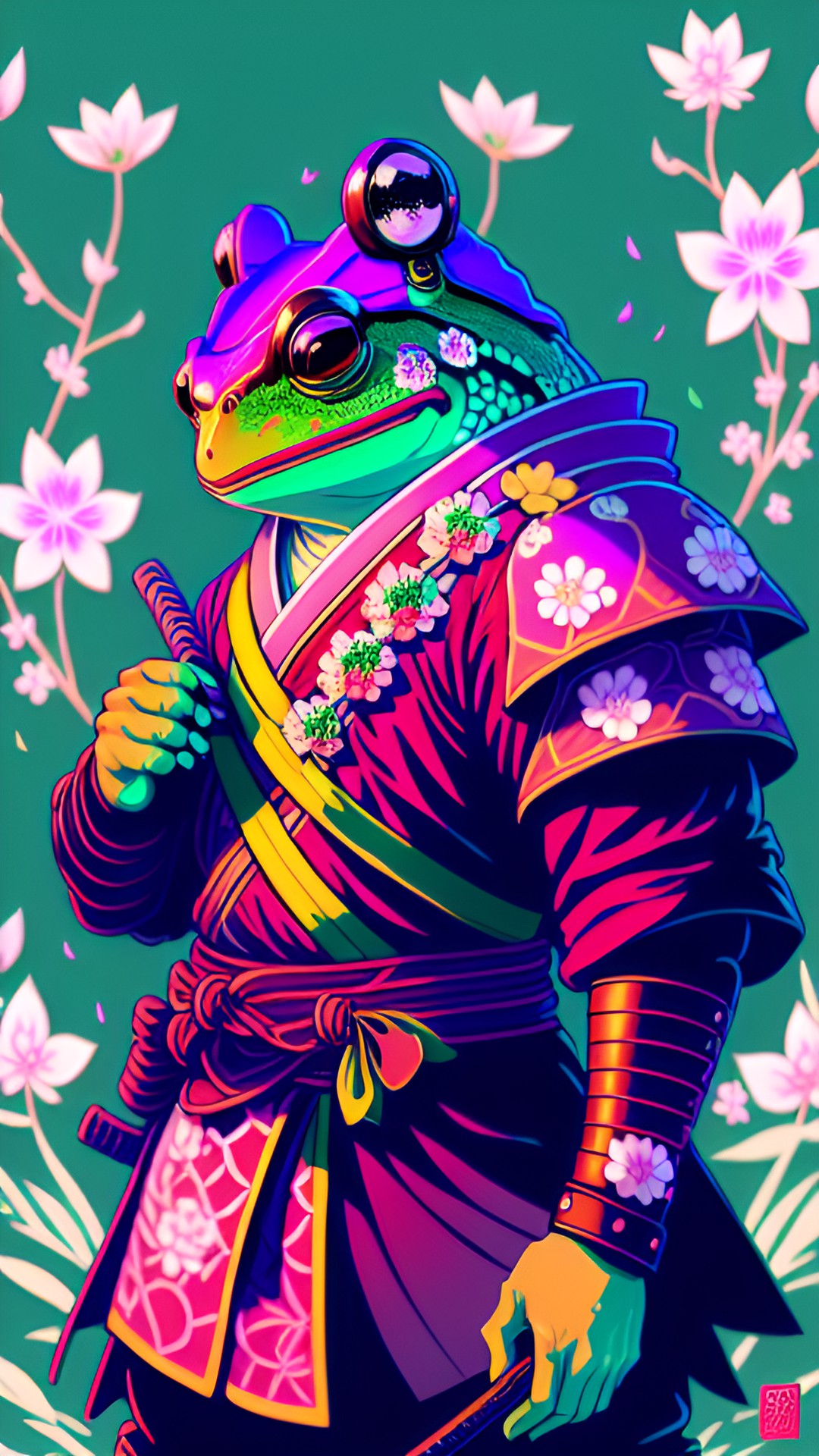 frog samurai - a fierce frog samurai wielding a katana, adorned with cherry blossom petals and traditional samurai armor ” - a stoic frog samurai stands poised with a katana preview