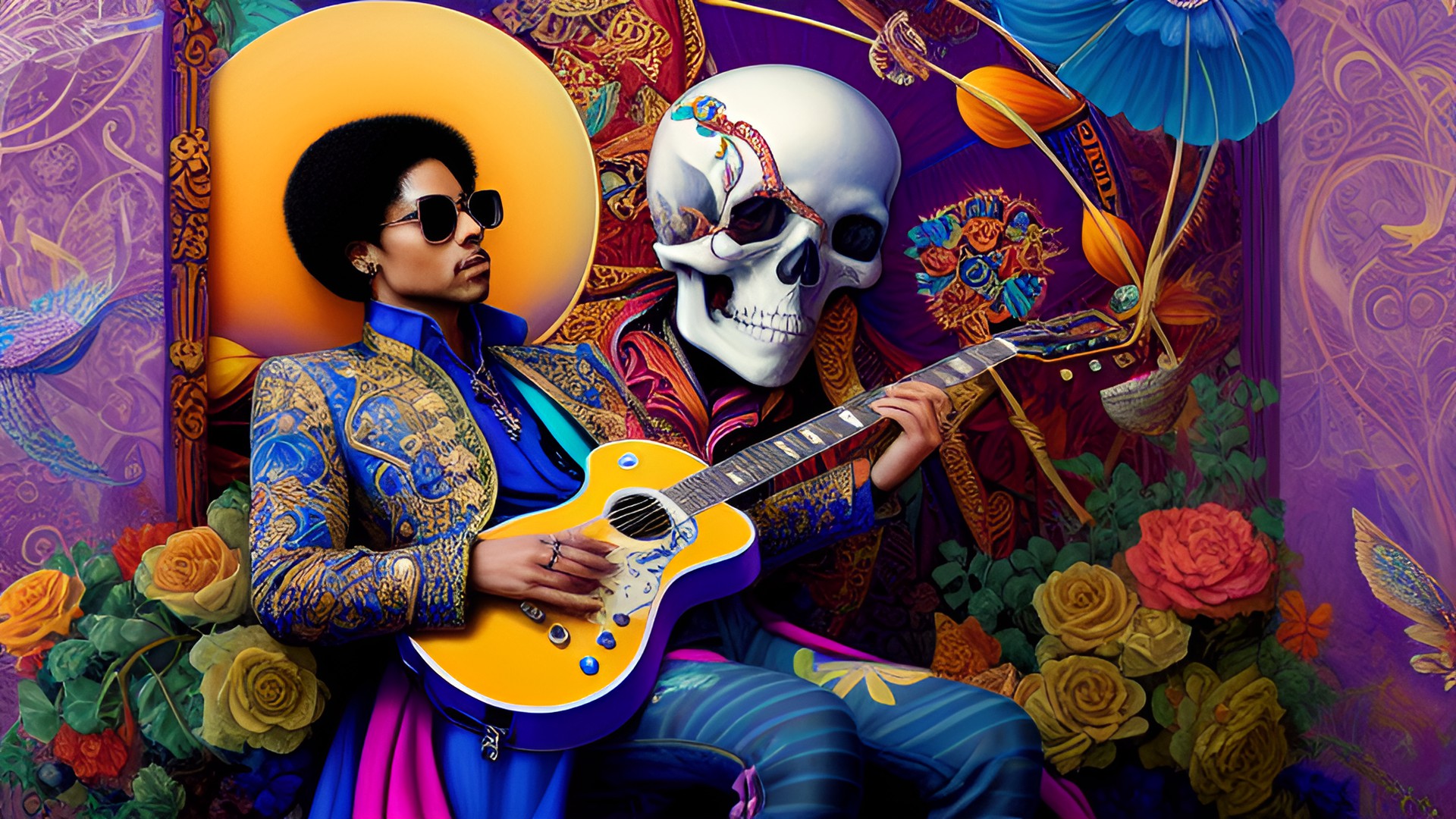 musician prince and skeleton with guitar and paisley print preview