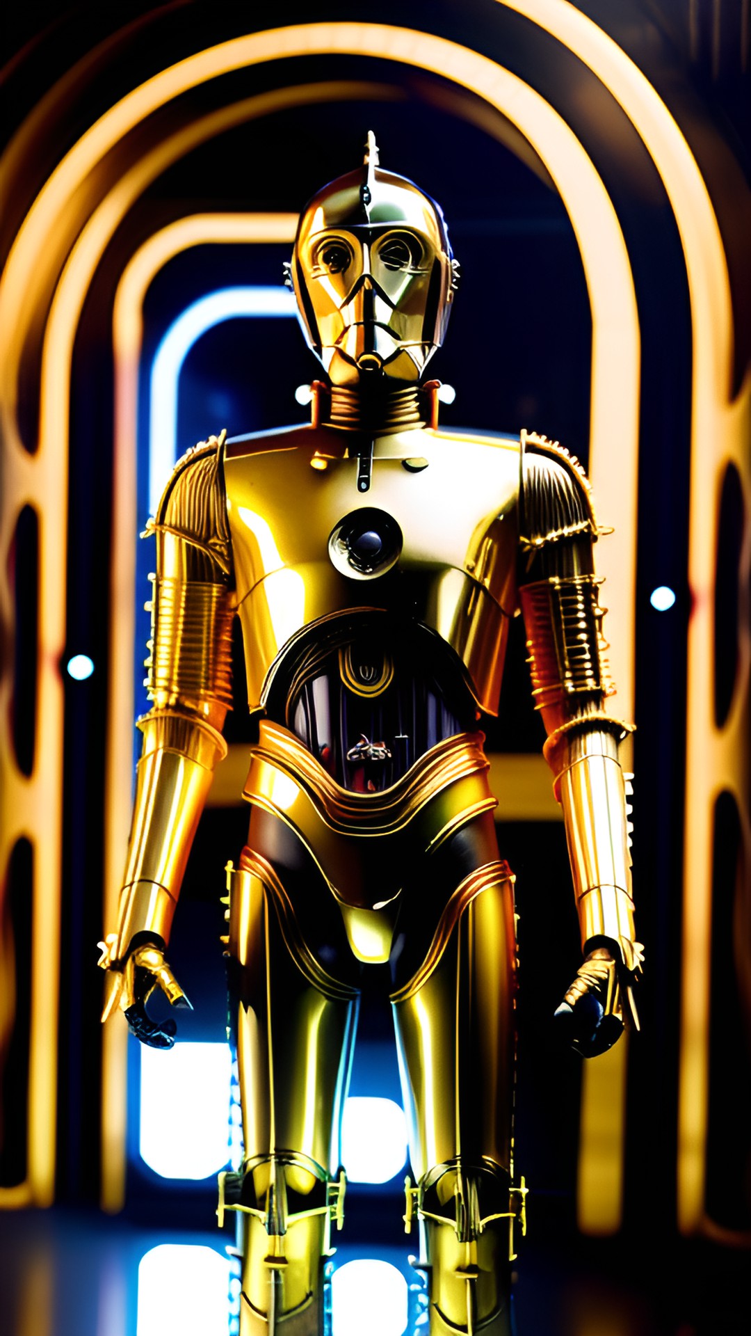 C-3PO - c-3po standing in a futuristic sci-fi background. he has a shiny golden exterior and his expressive eyes are glowing with intelligence and curiosity. preview