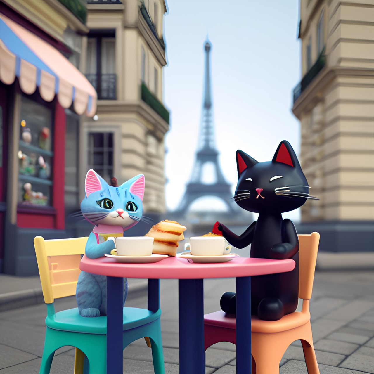 kawaii cute couple of cats characters in love taking breakfast in paris preview