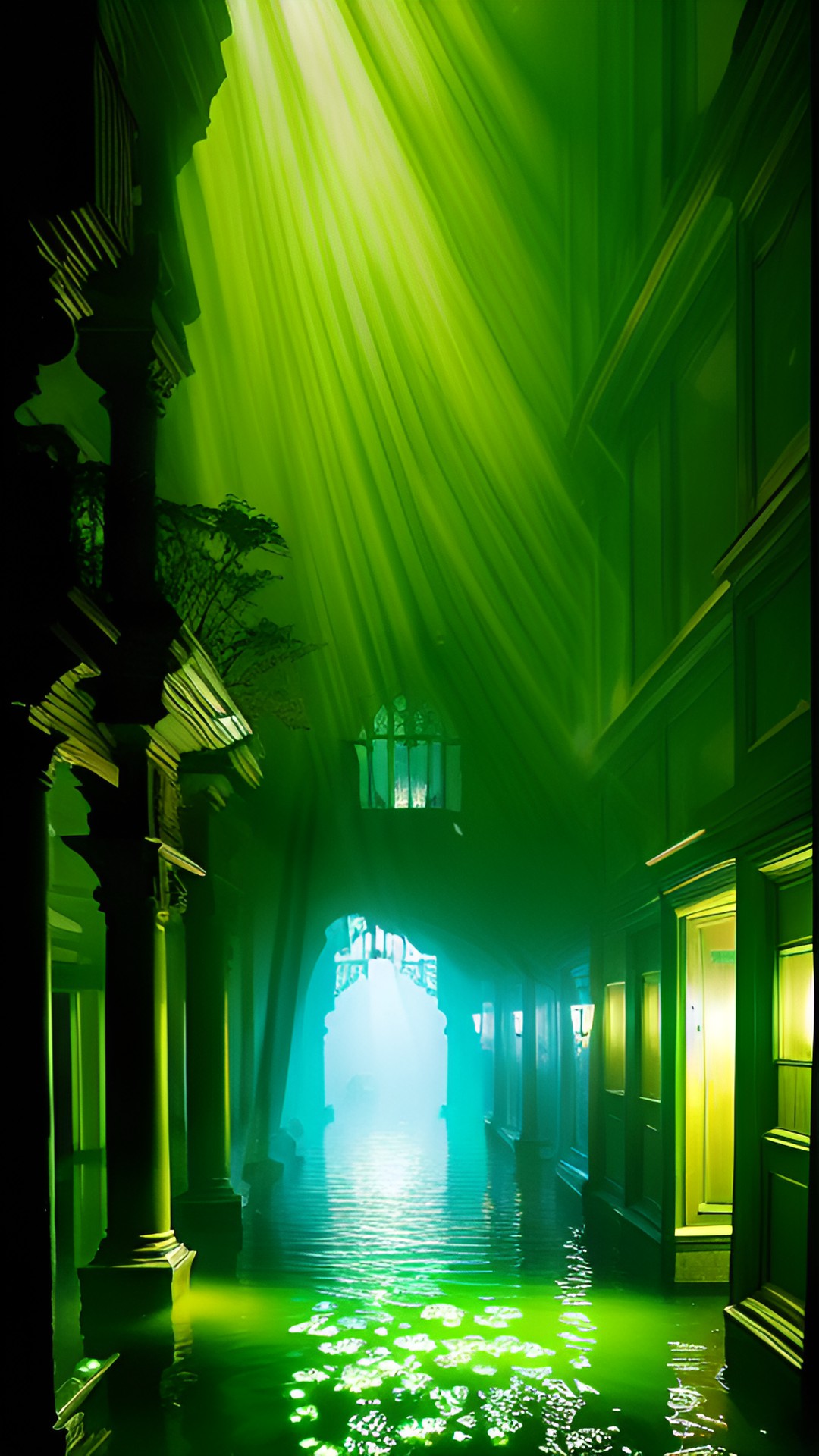 A Flooded Mansion - a dark and eerie hallway flooded with water, the walls covered in glowing bioluminescent plants, casting an eerie green glow. the only source of light is a single flickering bulb dangling from the ceiling preview