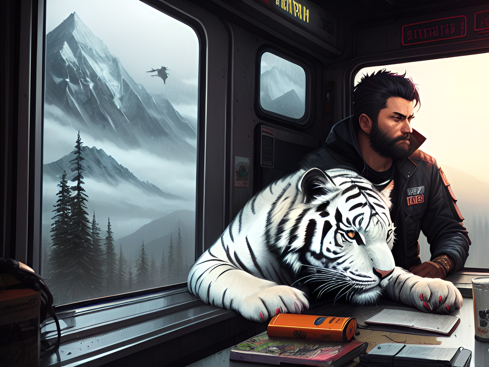 white tiger gritty cyberpunk survivalist mountain white tiger-man, detailed portrait, interior rv setting, rainy night preview