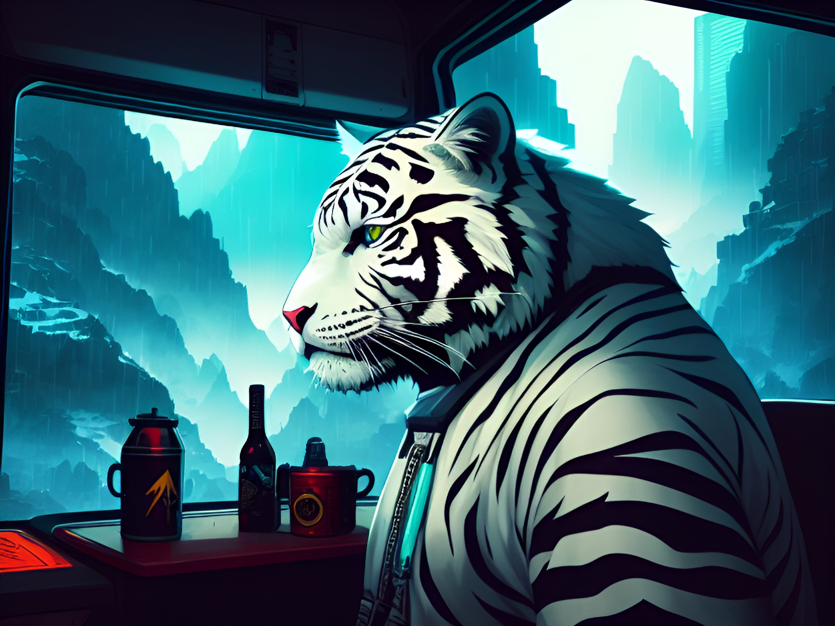 white tiger gritty cyberpunk survivalist mountain white tiger-man, detailed portrait, interior rv setting, rainy night preview