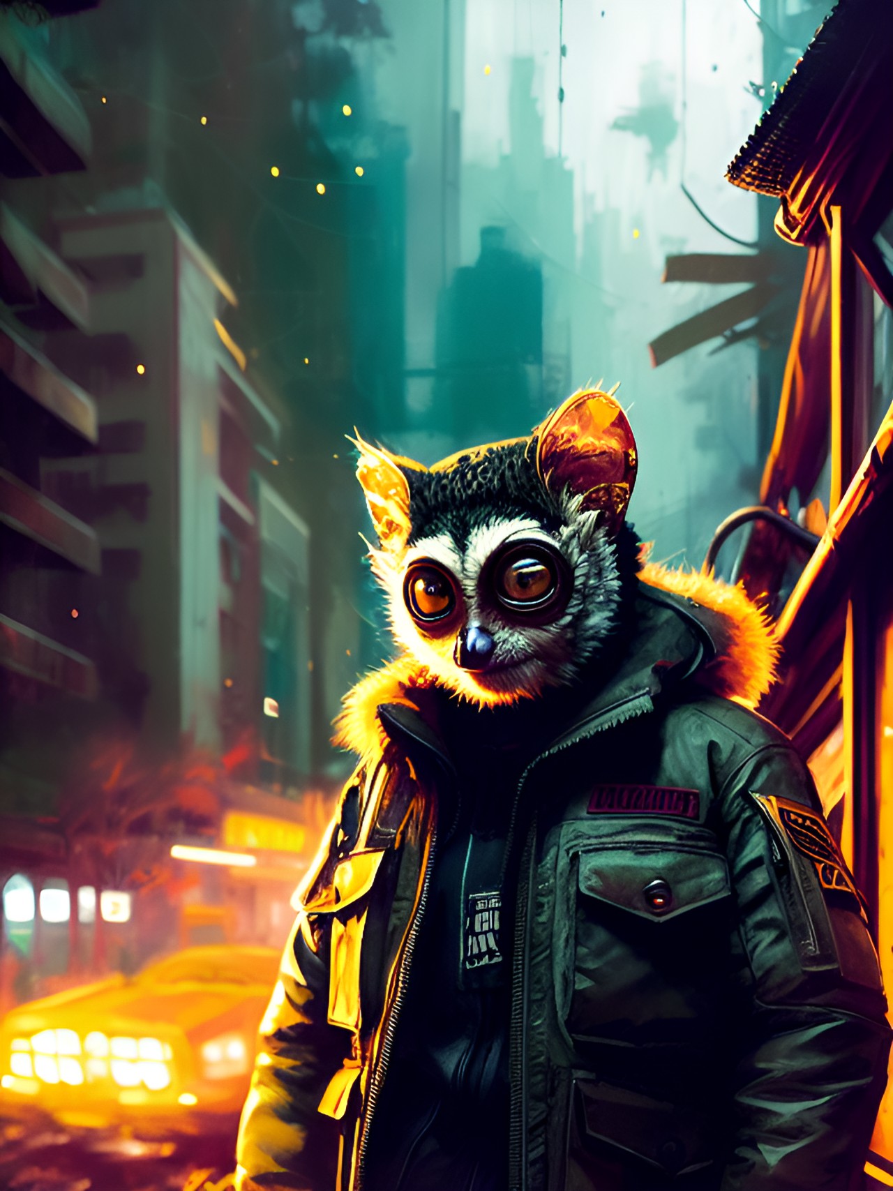 tarsier as gritty rural cyberpunk survivalist tarsier-man wearing survival clothing, detailed portrait, dramatic rv interior setting, rainy night preview