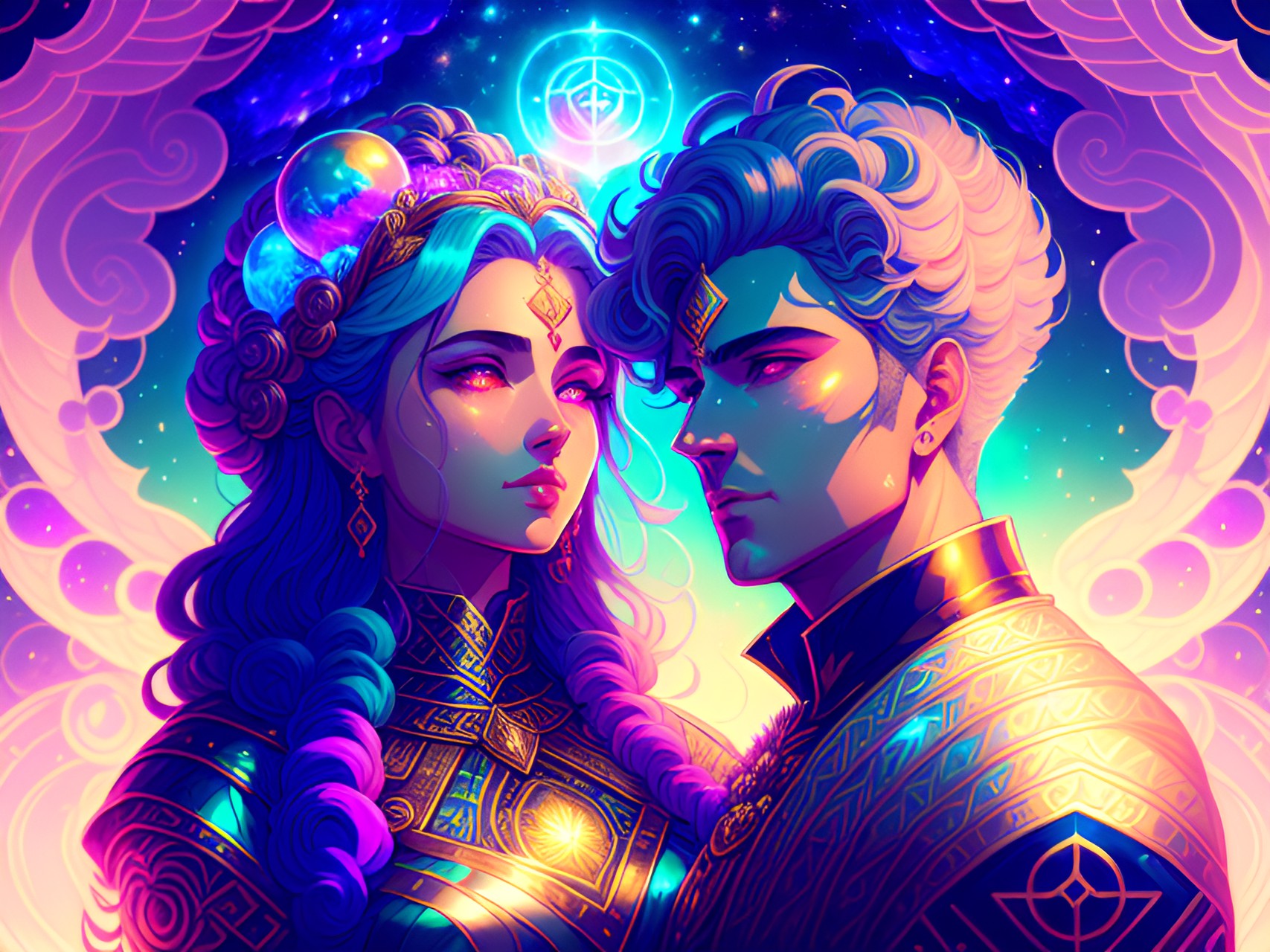 handsome god and gorgeous goddess summoning and creating life essence together,full body,dreamy eyes,shiny symmetrical faces, glowing details, fantasy background, vfx, hdr, love,harmony, balance,peace preview