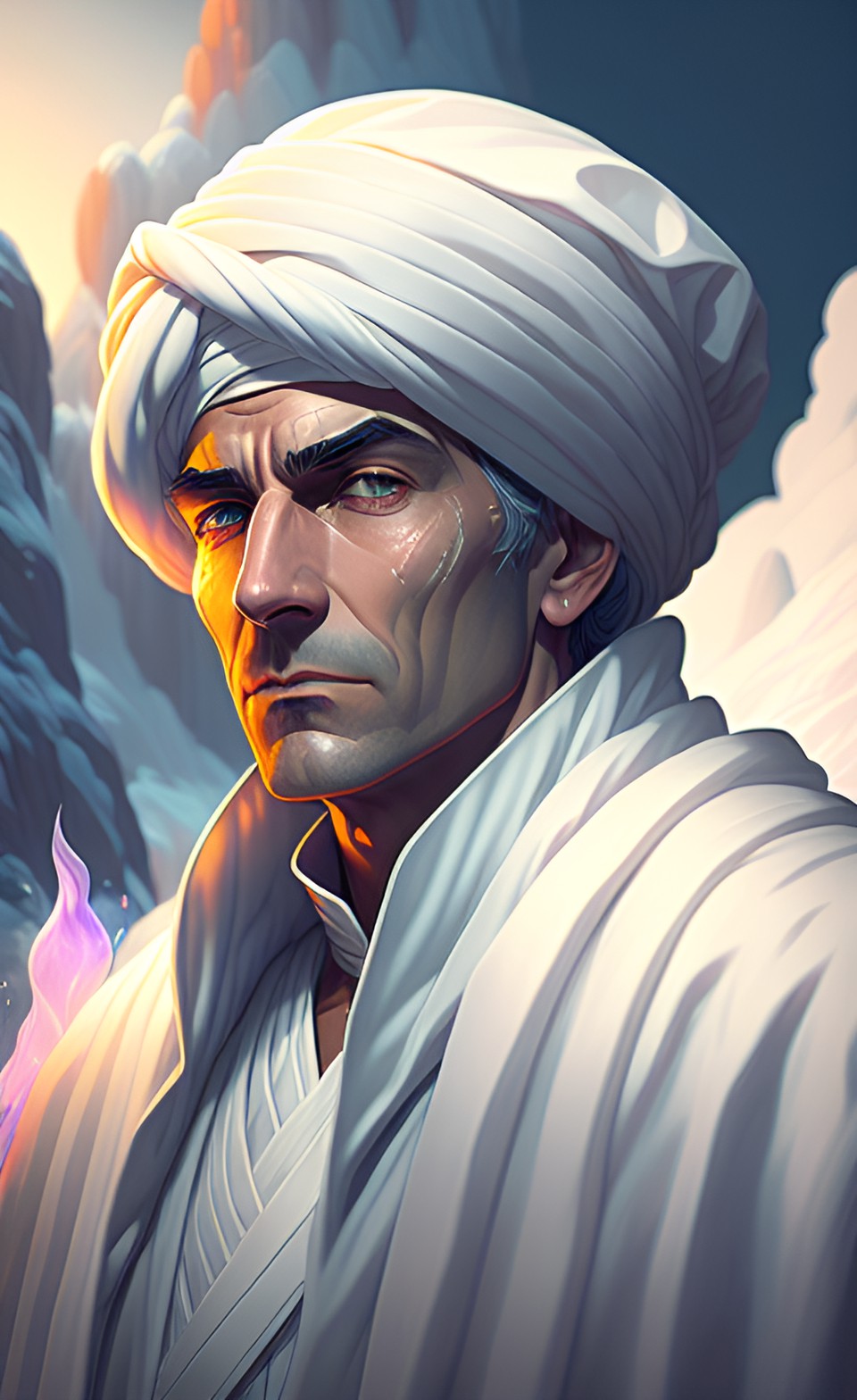 Sir Shurf Lonli-lokli - grown man clean-shaven with serious expression looking like statue of charlie watts, wearing white turban and absolutely-white very long poncho. hd. realstic. fantasy. detailed. volumetric lighting preview