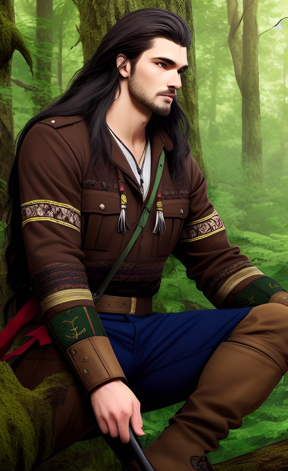 handsome slavic guy, strong, long dark hair, in the forest by the bornfire preview