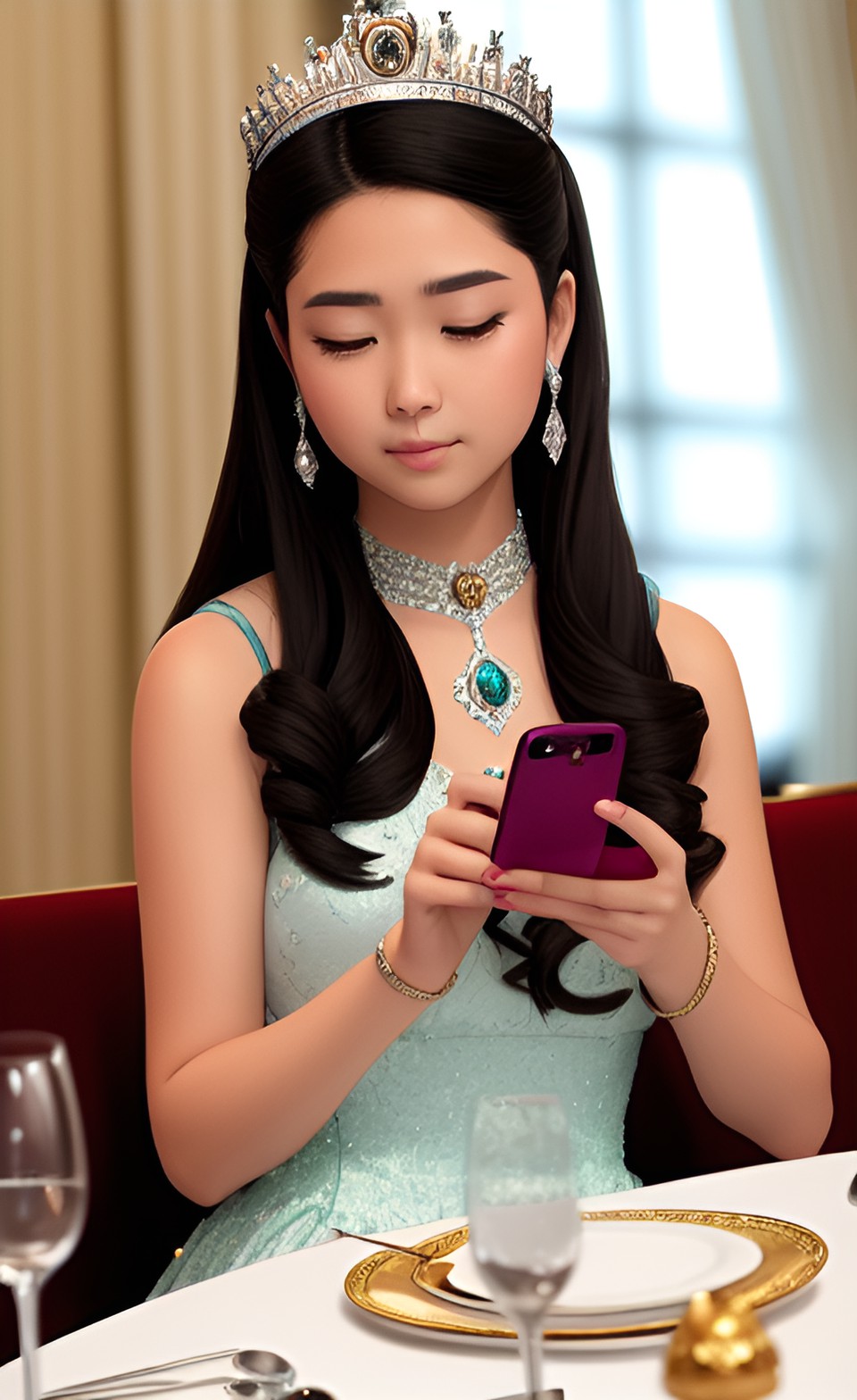 bored princesa at a formal dinner checks her phone and prays for this event to be over preview