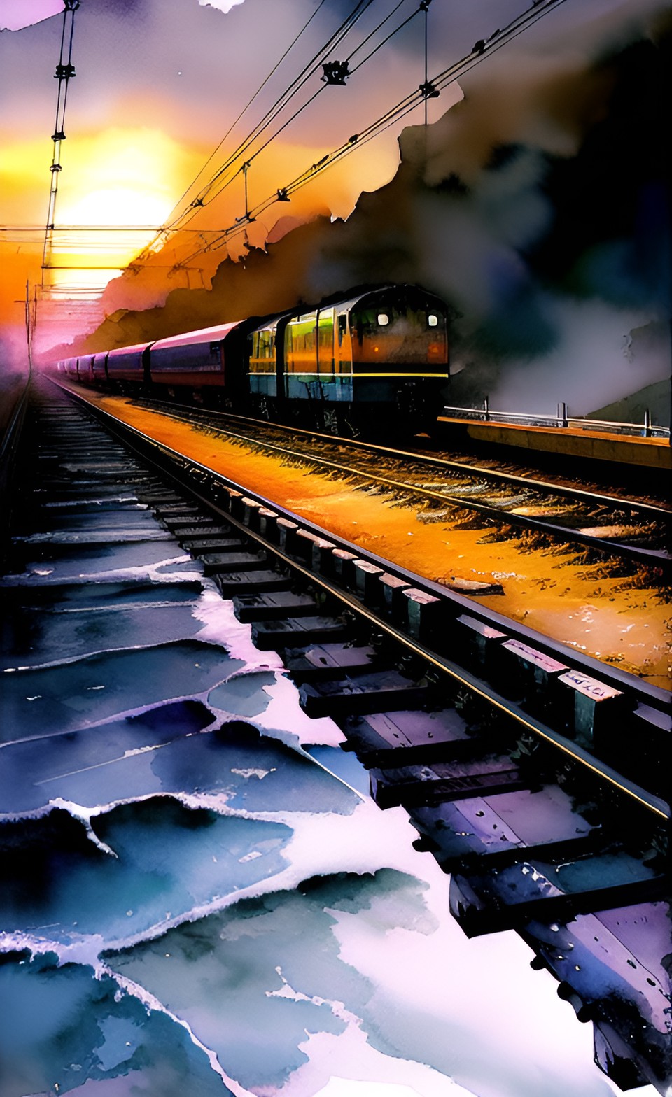 railway going out to sea at sunset, dramatic, storybook illustration, watercolor style, ultradetailed, intricate detail preview