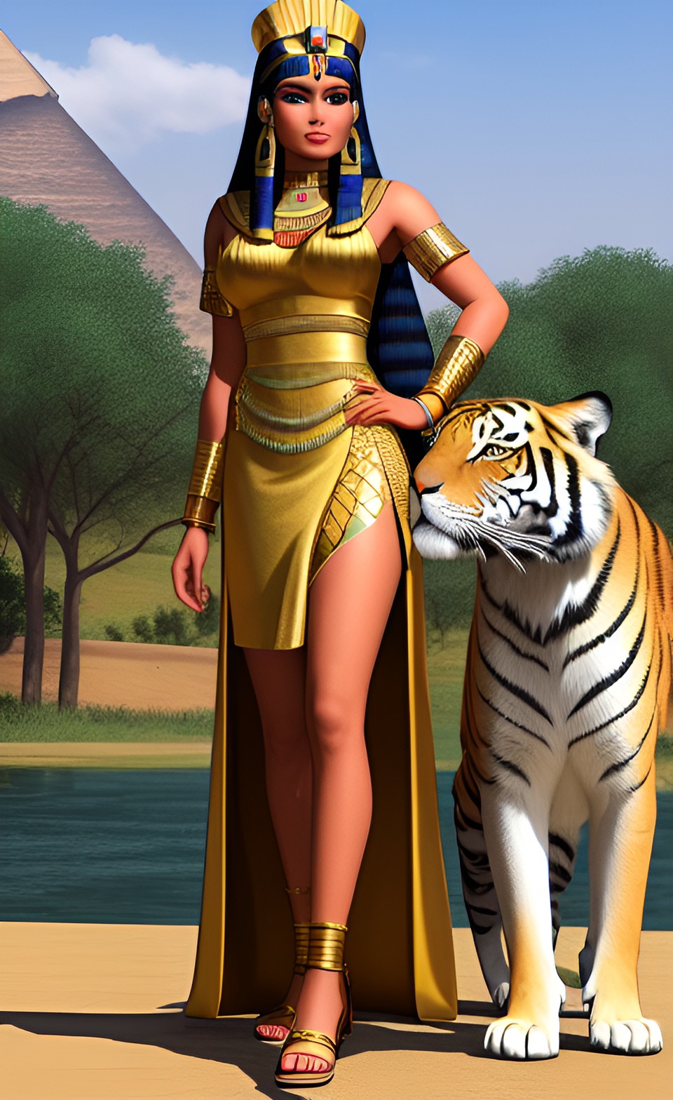 cleopatra reginaegitto cammina sulle sponde del fiume nilo con tigre al guinzaglio  3d realistico. preview