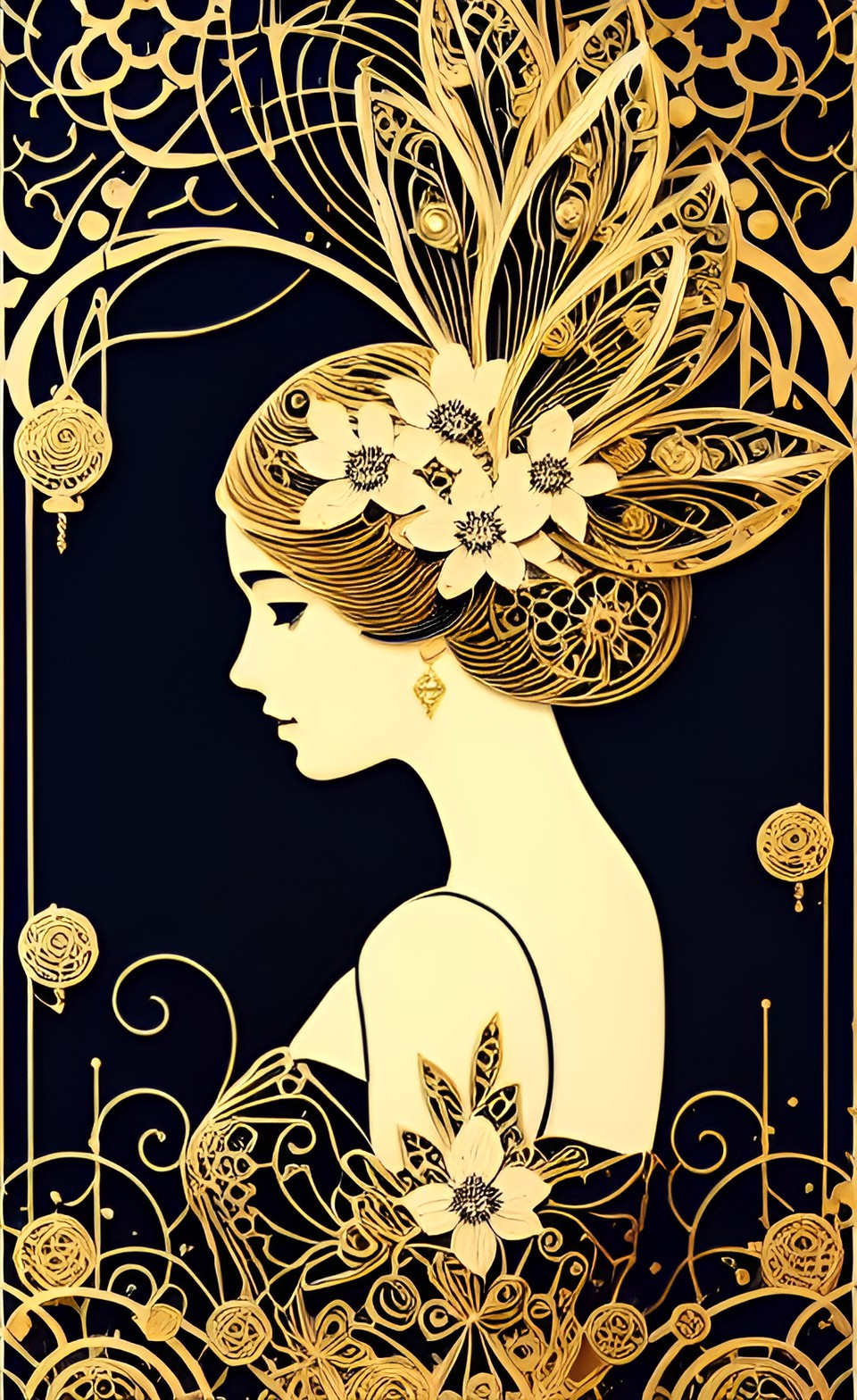 quilling mystical french lady with white and gold flowers, intricate goldfiligree accents, highly detailed, preview