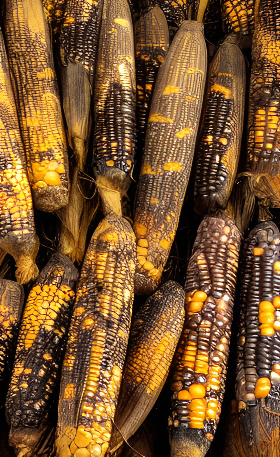 a hyper detail close up image of a corn still inside the dried husk, unharvested, pale faded colors preview