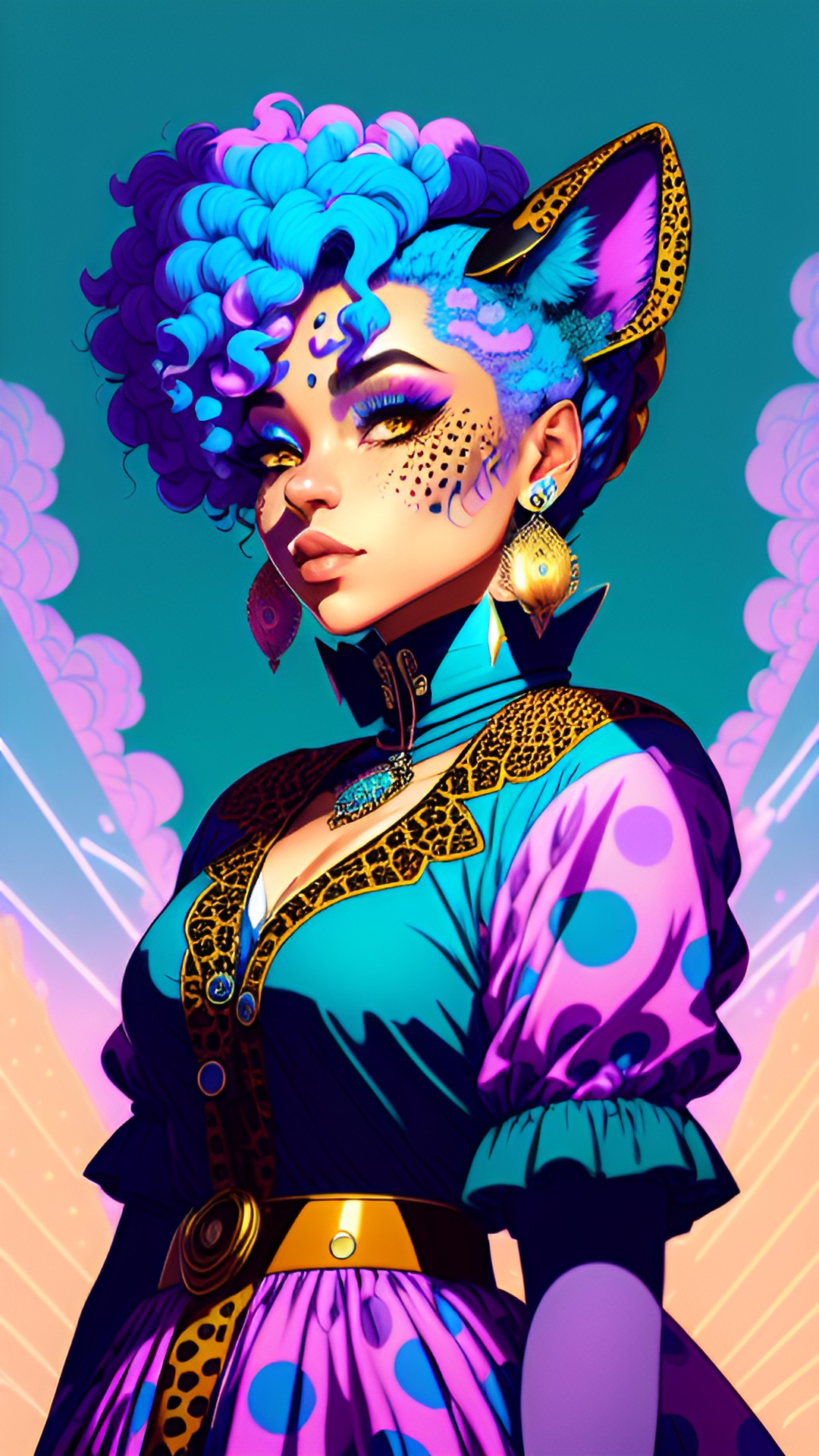 a anthropomorphic lady that looks like a cheetah, blue hair, in a gown wearing earrings face front preview