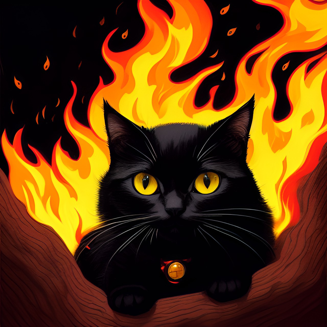 Cat in fire - black kitten surrounded by fire￼. it looks scared and hurt￼. its eyes are wide and yellow preview