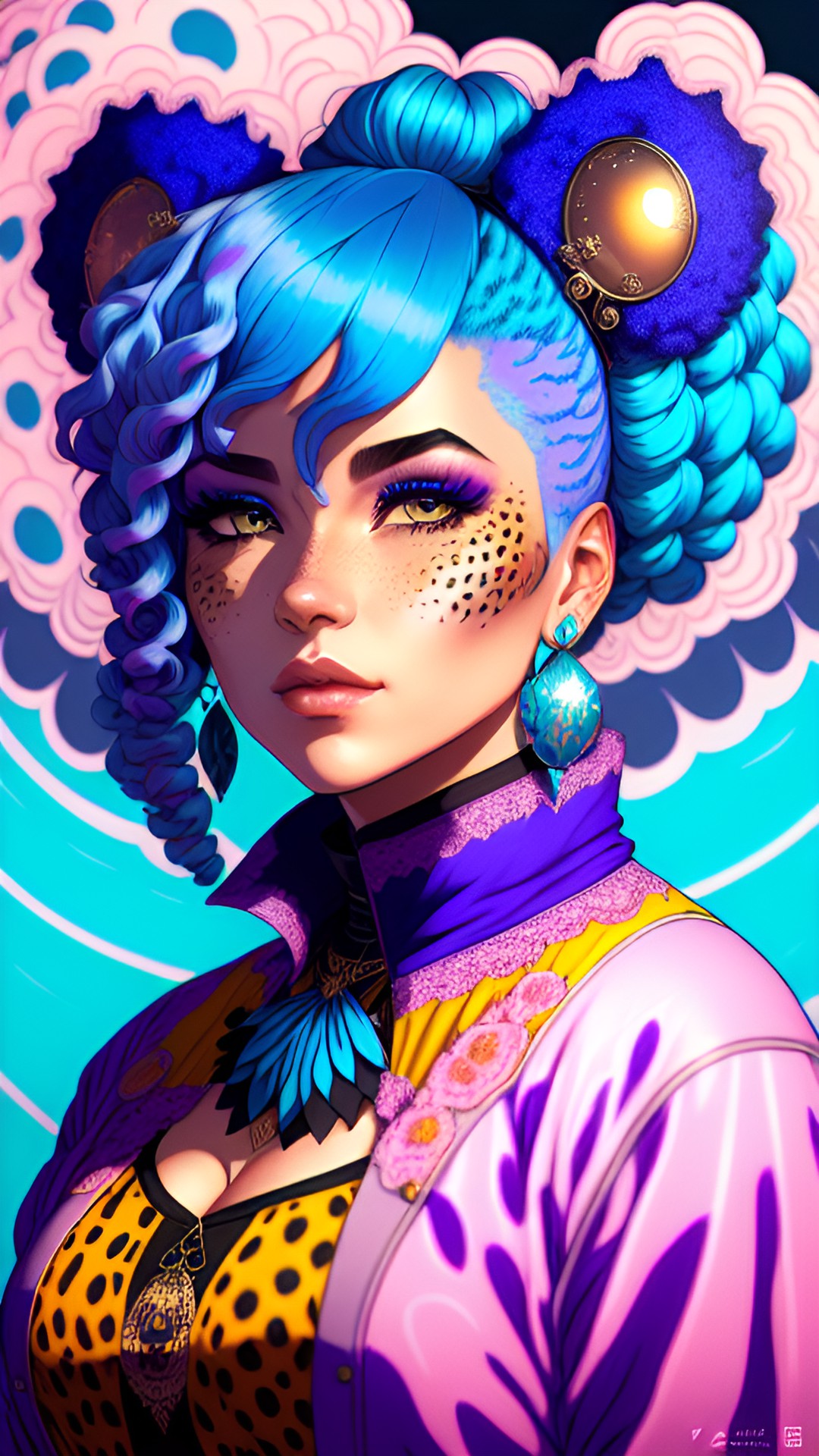 a anthropomorphic lady that looks like a cheetah, blue hair, in a gown wearing earrings face front preview