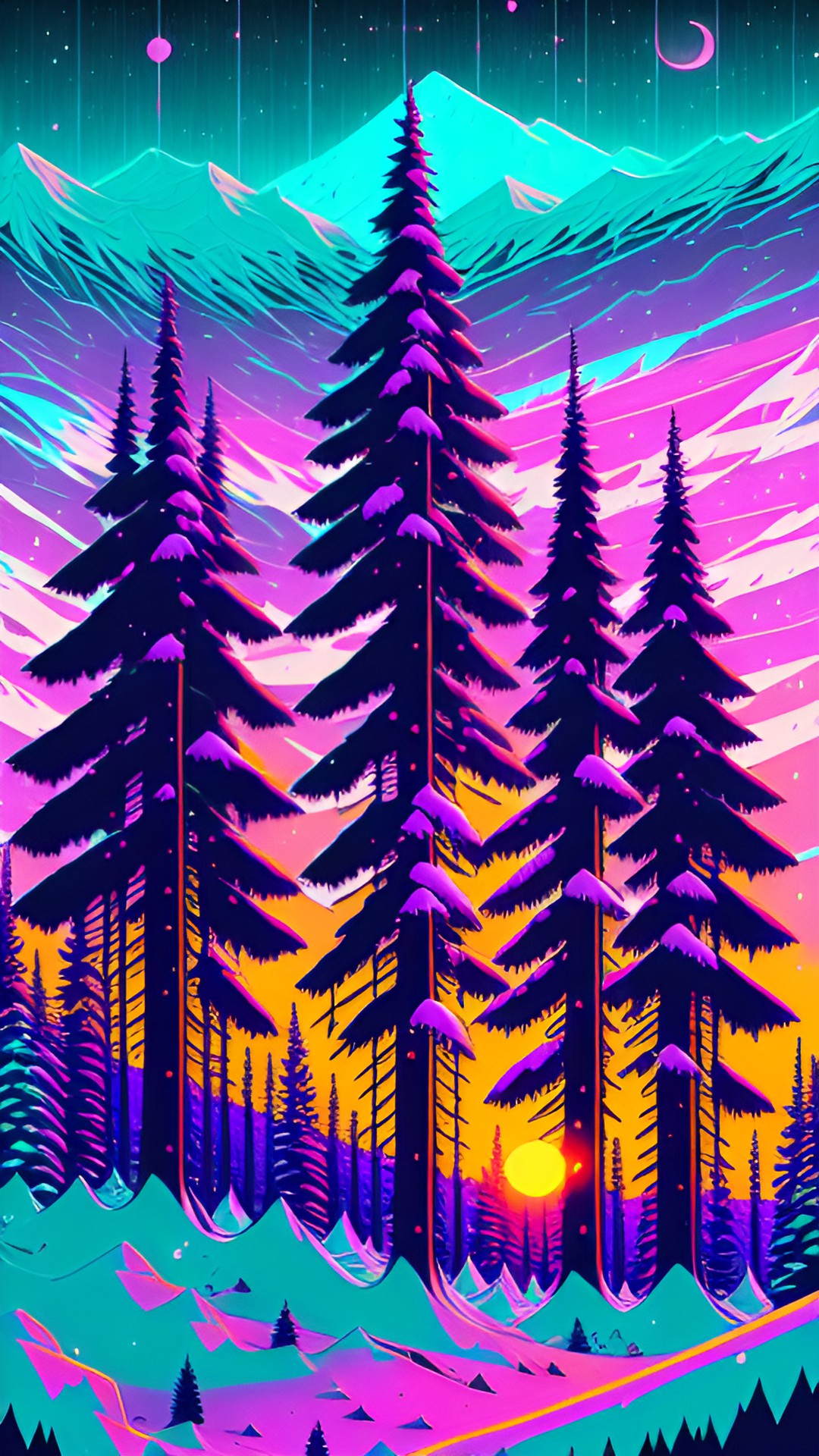 sunset over snowy pines preview