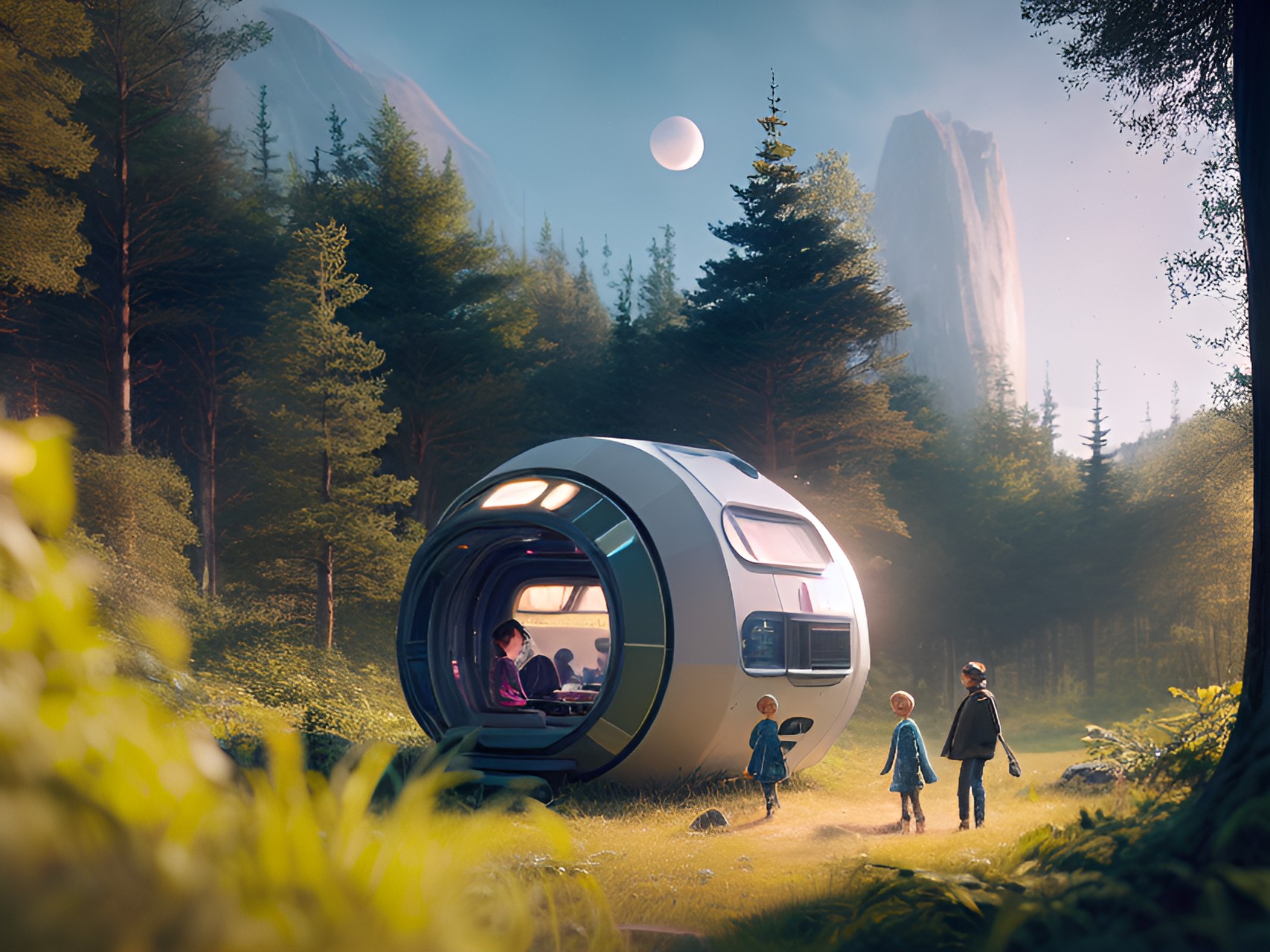 a futuristic pop up family pod in an open field, mountainous forested wilderness preview