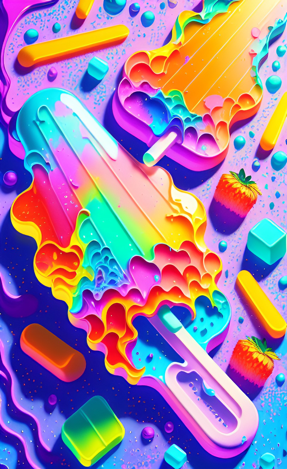 gorgeous flourescent fruit and ice pops very colorful impasto retrofusion mandelbulber3d preview