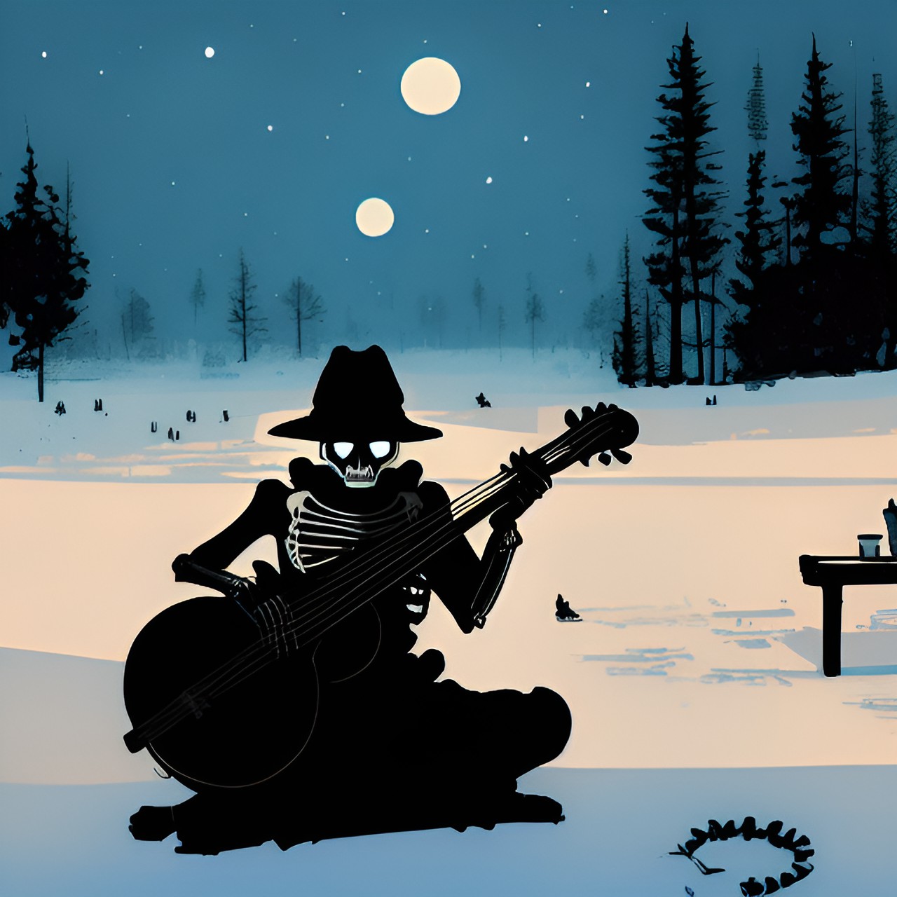 skeleton playing a sitar in a warm place preview