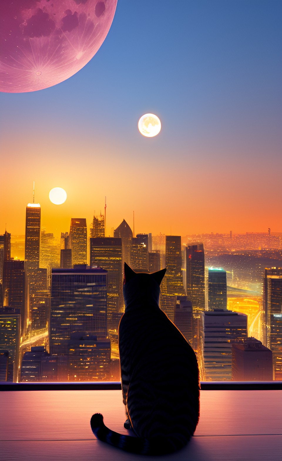 cat ,sunset,realistic ,city view,bright moon, preview