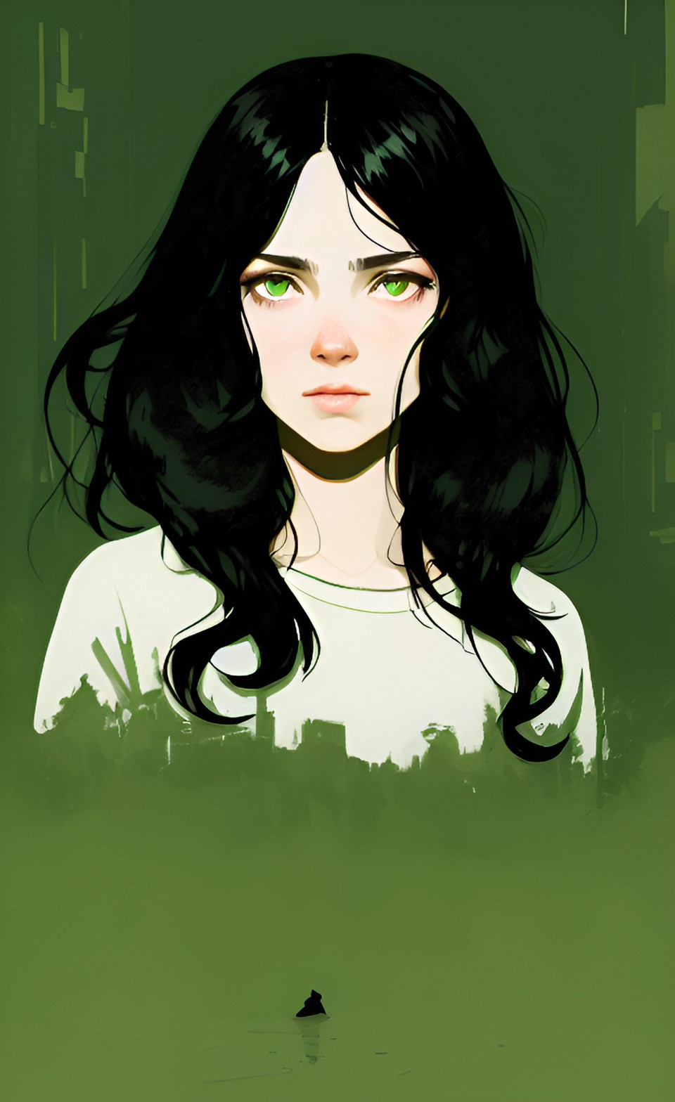 black wavy hair, olive green eyes, pale skin preview