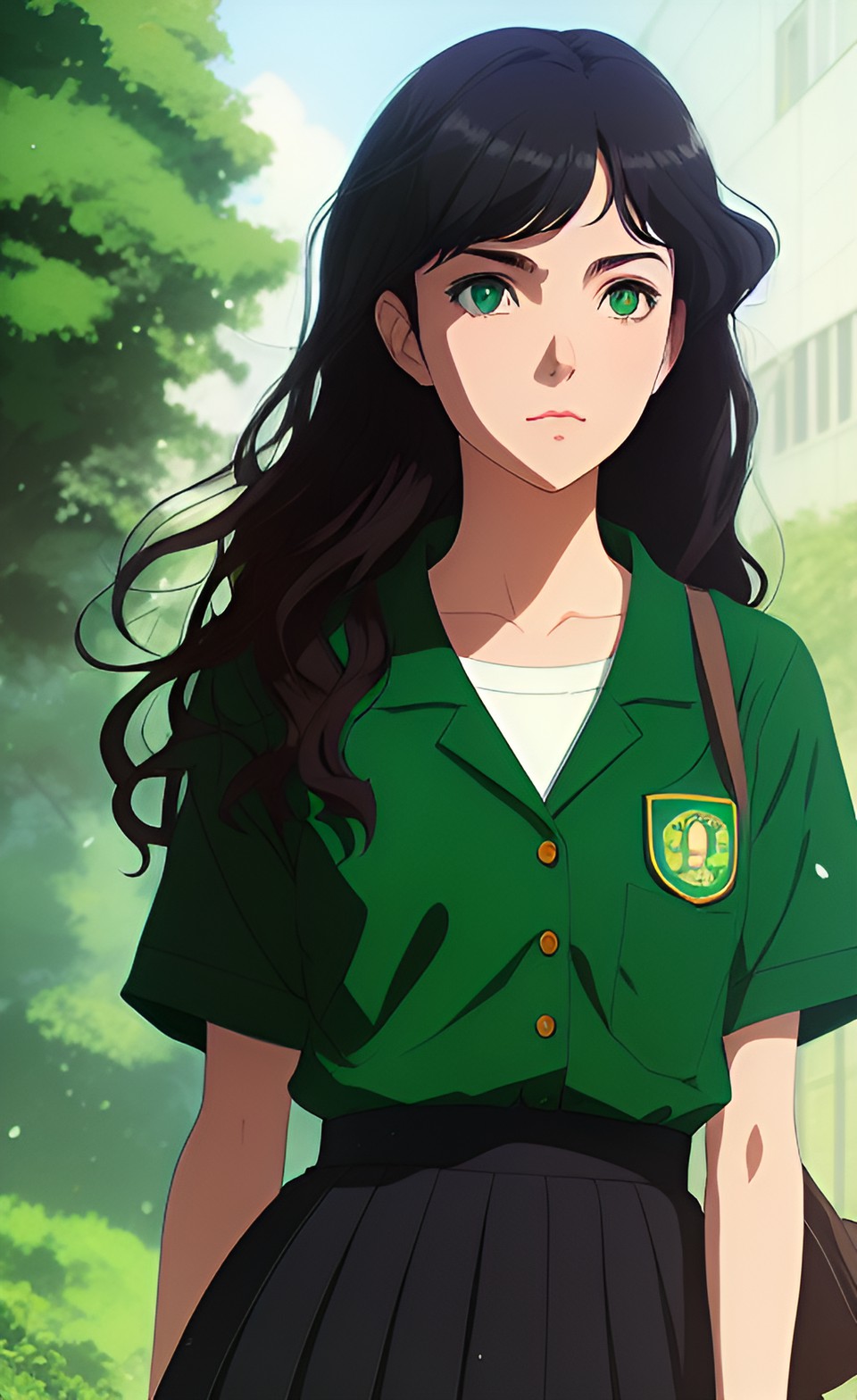 dark curly hair, pale skin, green eyes, school uniform woman preview