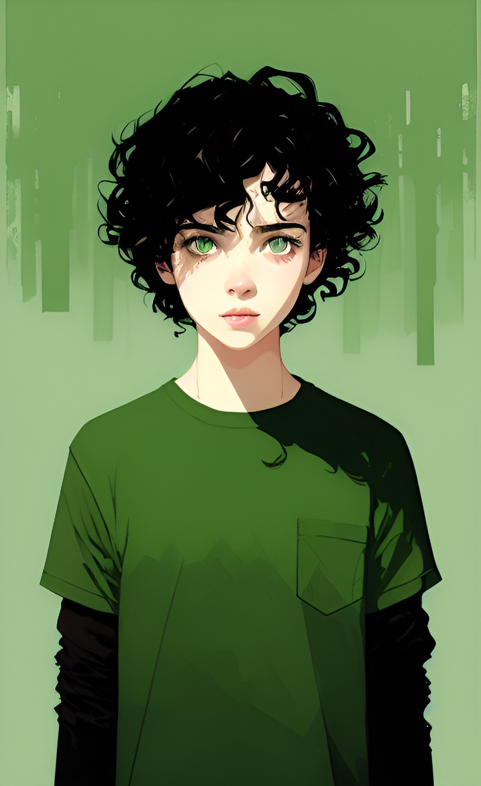 dark curly hair, light green eyes, pale skin preview