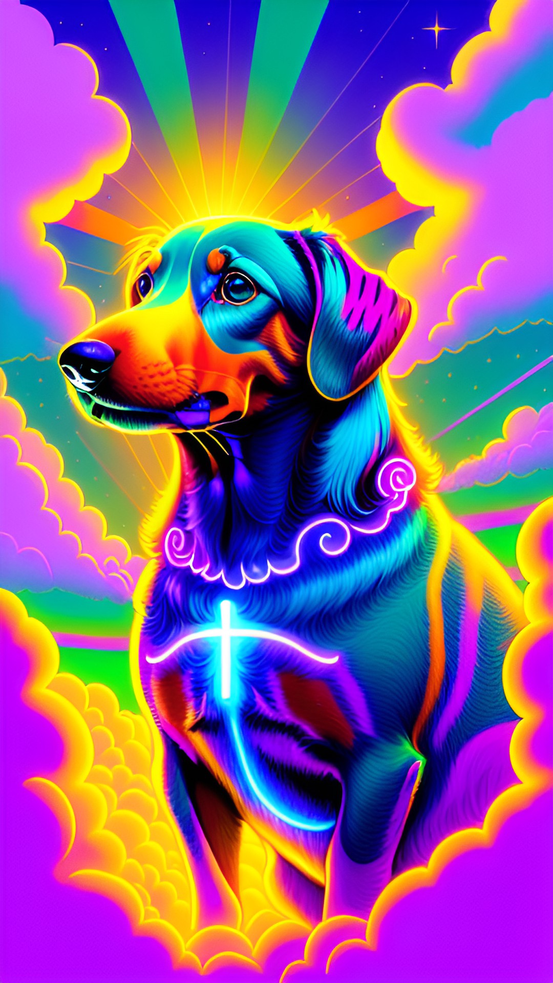 amazing wonderful and spectacular wiener dog with glorious light shining through the clouds. preview