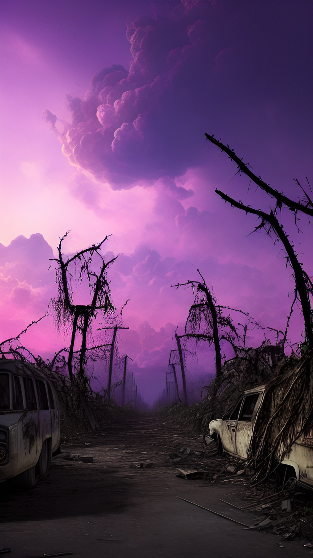 real apocalypse  - a post-apocalyptic wasteland with twisted metal structures and overgrown vines weaving through the rubble, a lone survivor looks up at the eerie purple clouds above." preview