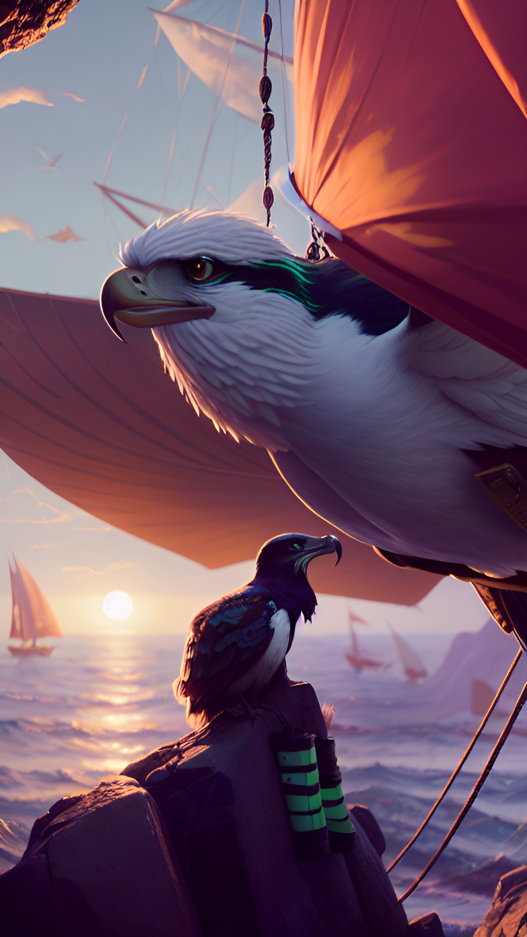 seahawk perched on a rock, golden sunset ocean waves, boat of people dancing preview