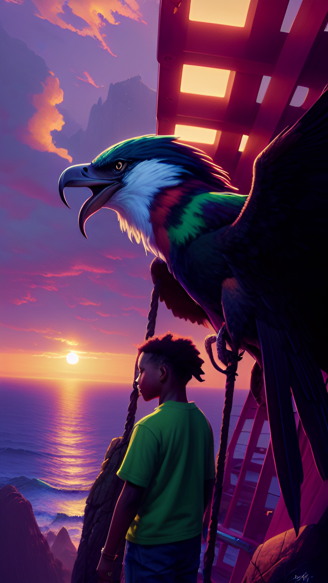 seahawk perched on a rock, pacific northwest golden sunset, bob marley reggae preview