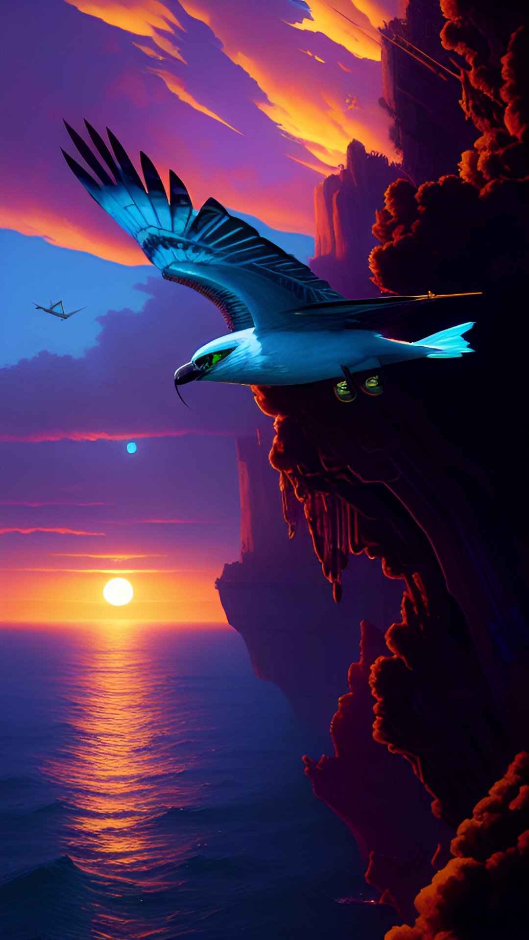 seahawk flying over the ocean, seahawk spreading wings, reggae music, no humans, golden sunset, pacific northwest preview