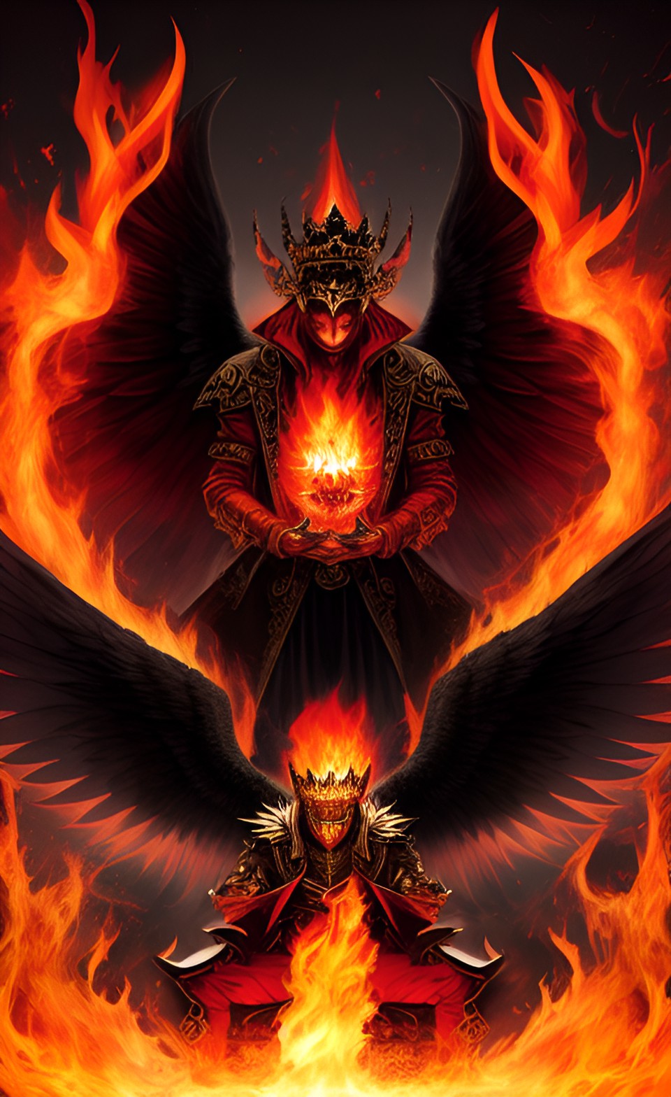king of demons engulfed in flame with black angel wings preview