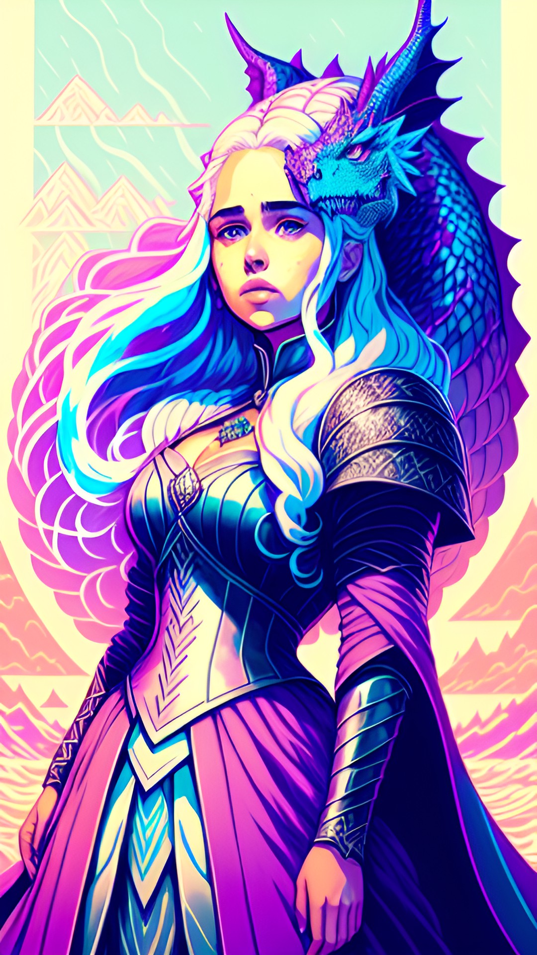 daenerys targaryen from game of thrones, standing tall with fierce determination. her long, silver hair and flowing gown ripple in the wind. she holds a dragon eggs. preview