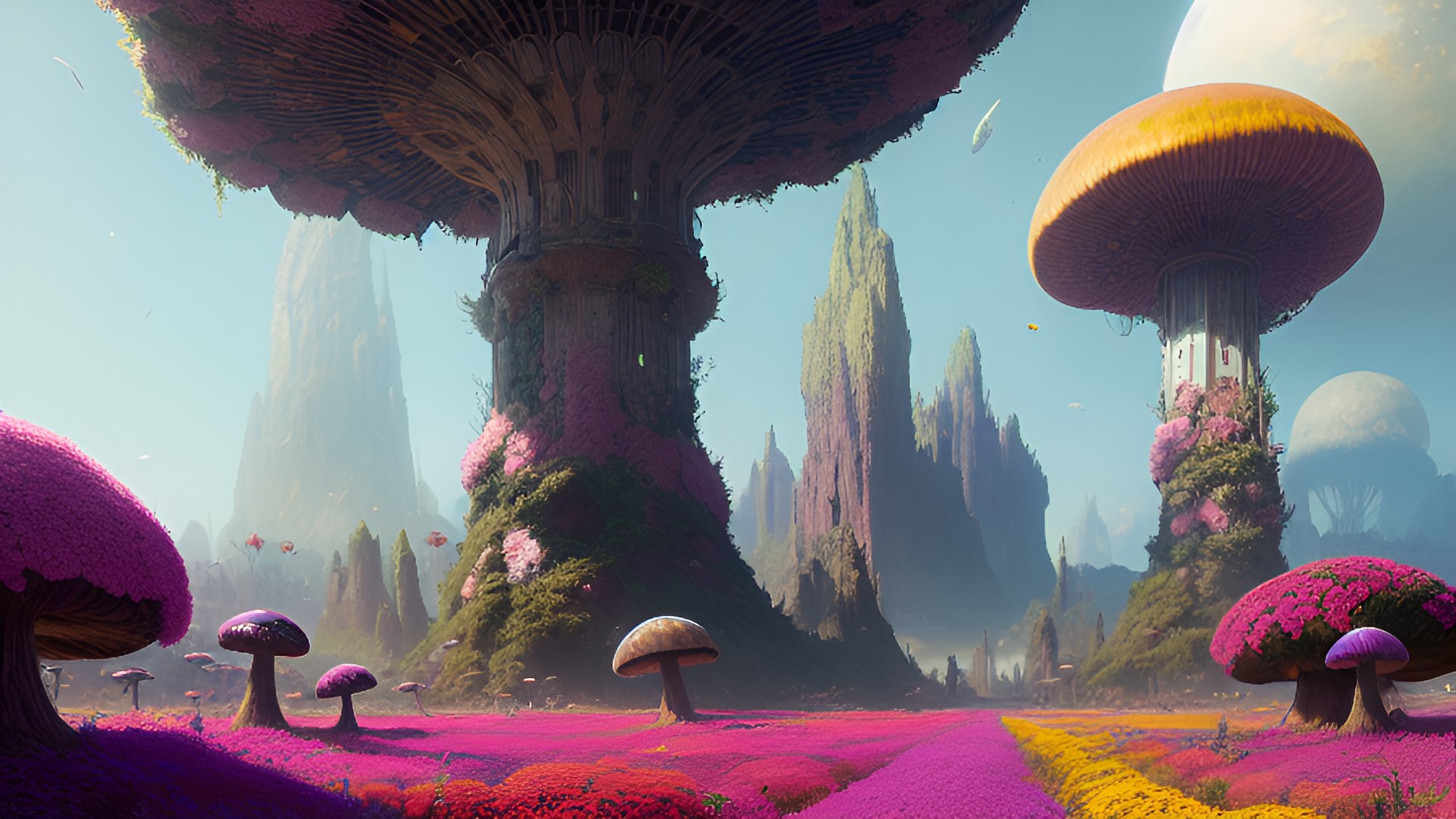 the wasteland filled with giant flowers and mushrooms, au natural, hyper detailed, digital art, trending in artstation, cinematic lighting, studio quality, smooth render, unreal engine, 5 rendered preview