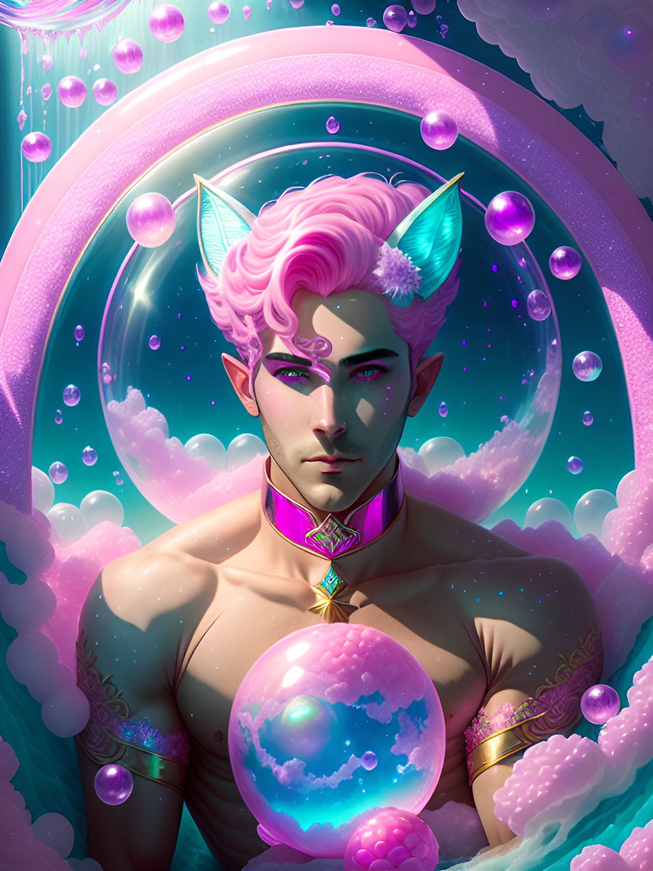 pearlescent Paul - pink and iridescent blue bubbles mercury magician male sailor scout tall handsome with elven ears in a large fancy pink french mansion bathroom eating cherries in a luxurious bubble bath clawfoot tub pearl shimmering magenta aura opal mint seafoam overfilling bathtub preview