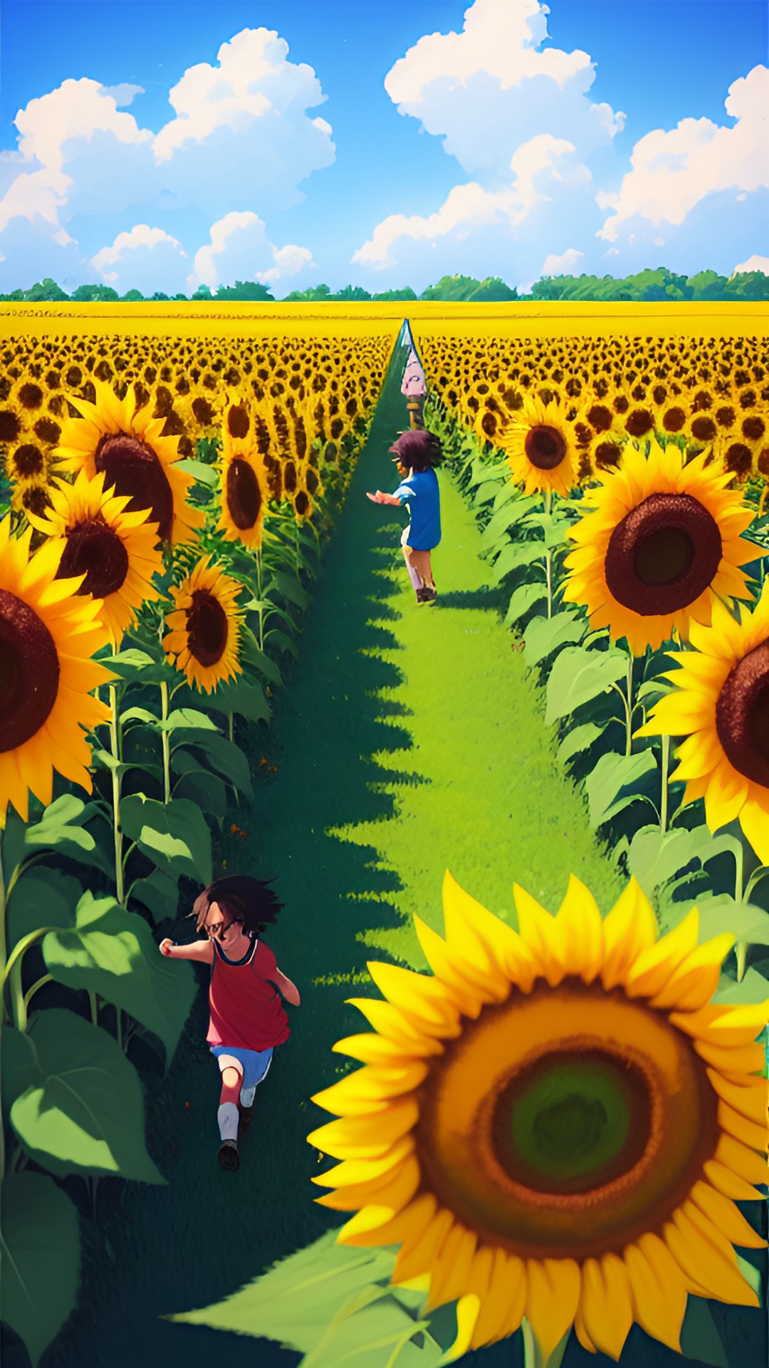 2 kids playing  - two kids playing in a field of sunflowers, their laughter echoing through the vast landscape as they chase each other with outstretched arms and contagious joy." preview