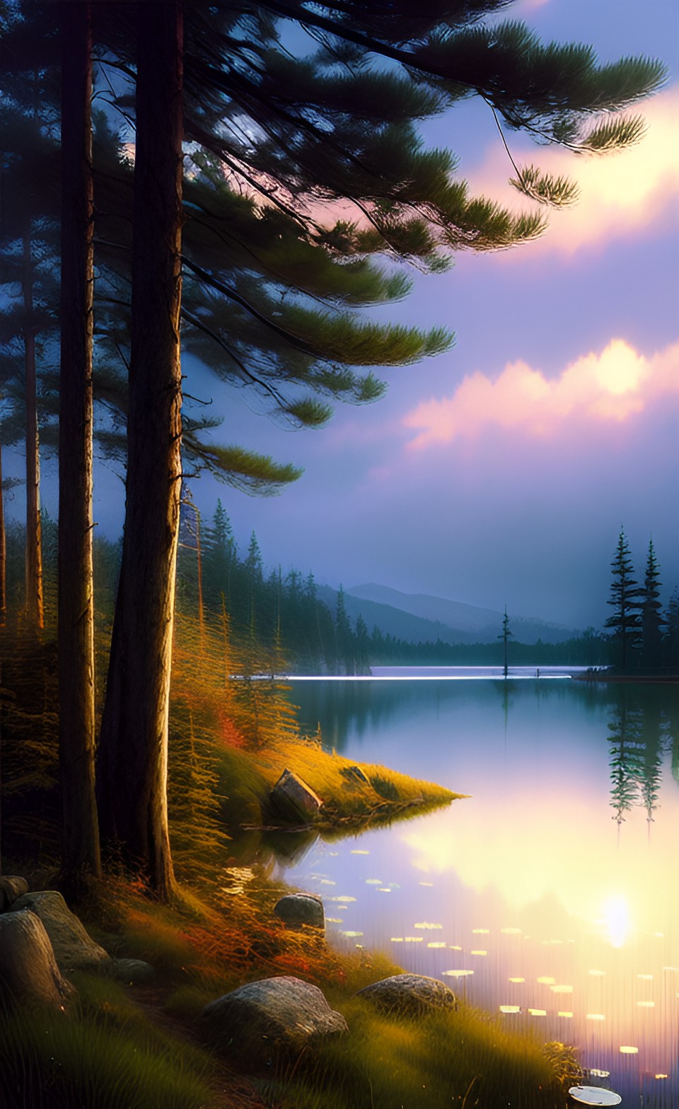 a peaceful landscape with the sky reflected by a lake, pine trees, art by by makoto shinkai, stanley artgerm lau, highly detailed, realistic preview