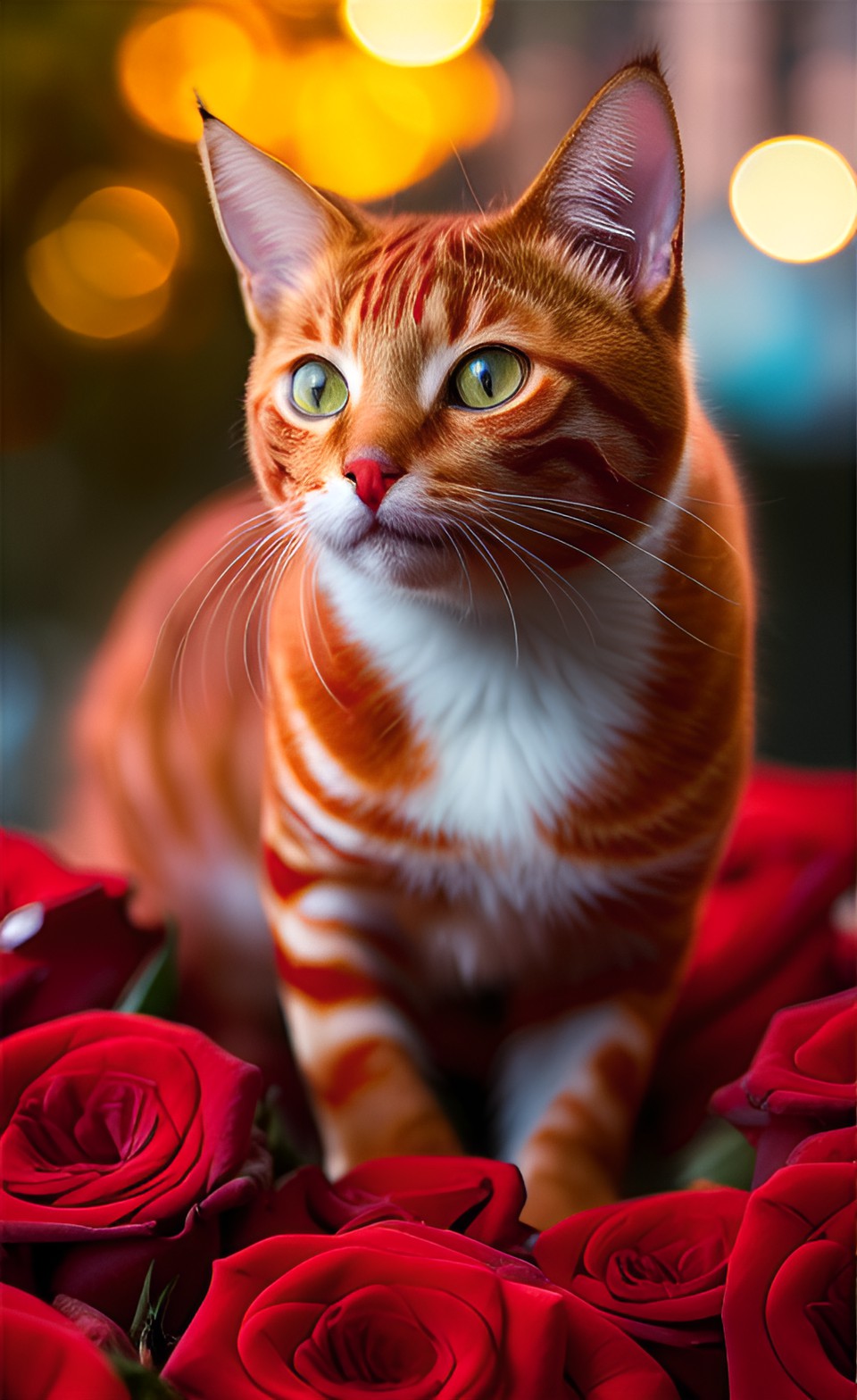 red cat, roses golded, bokeh,  hyperdetailed hyperresolution intrincately detailed ultrasharp, peter gric surrealism preview